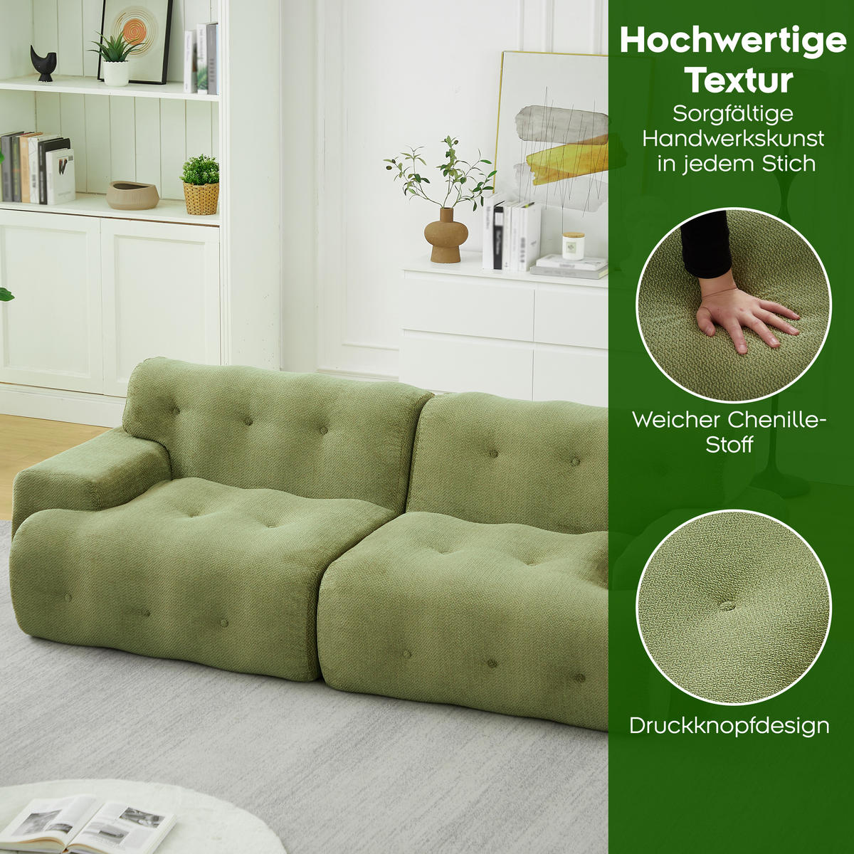 2-SITZER SOFA Chenille Grün montagefrei - Grün, Textil (224/66/104cm) - WISHDOR
