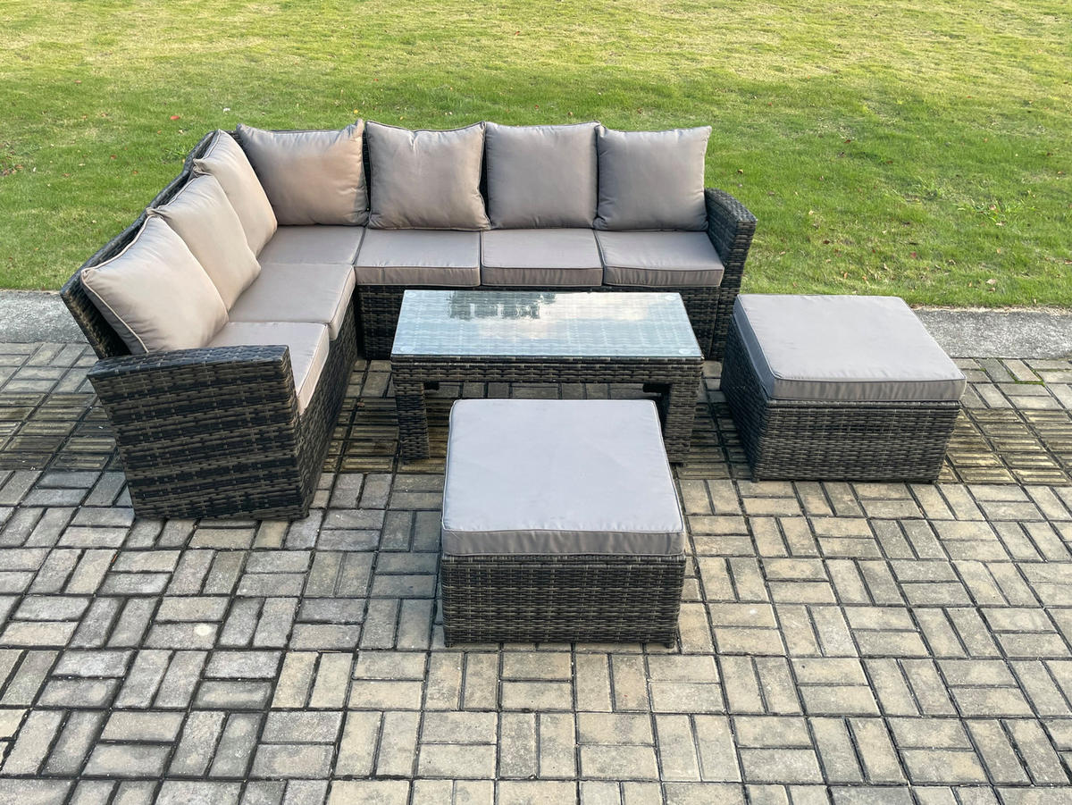 GARTENLOUNGE mit Ecksofa Polyrattan Dunkelgrau 8-Sitzer - Dunkelgrau/Grau, Glas/Kunststoff - Fimous