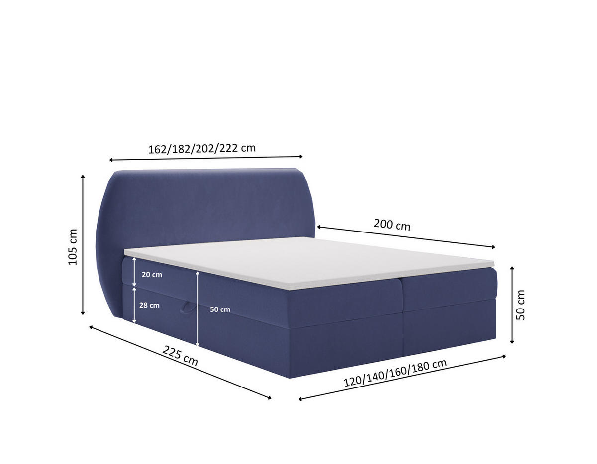 BOXBETT Bloom mit abgerundetem Kopfteil, Stoff Komodo Marineblau 120x200 cm - Dunkelblau, Holz (120/200cm) - Kaiser Möbel