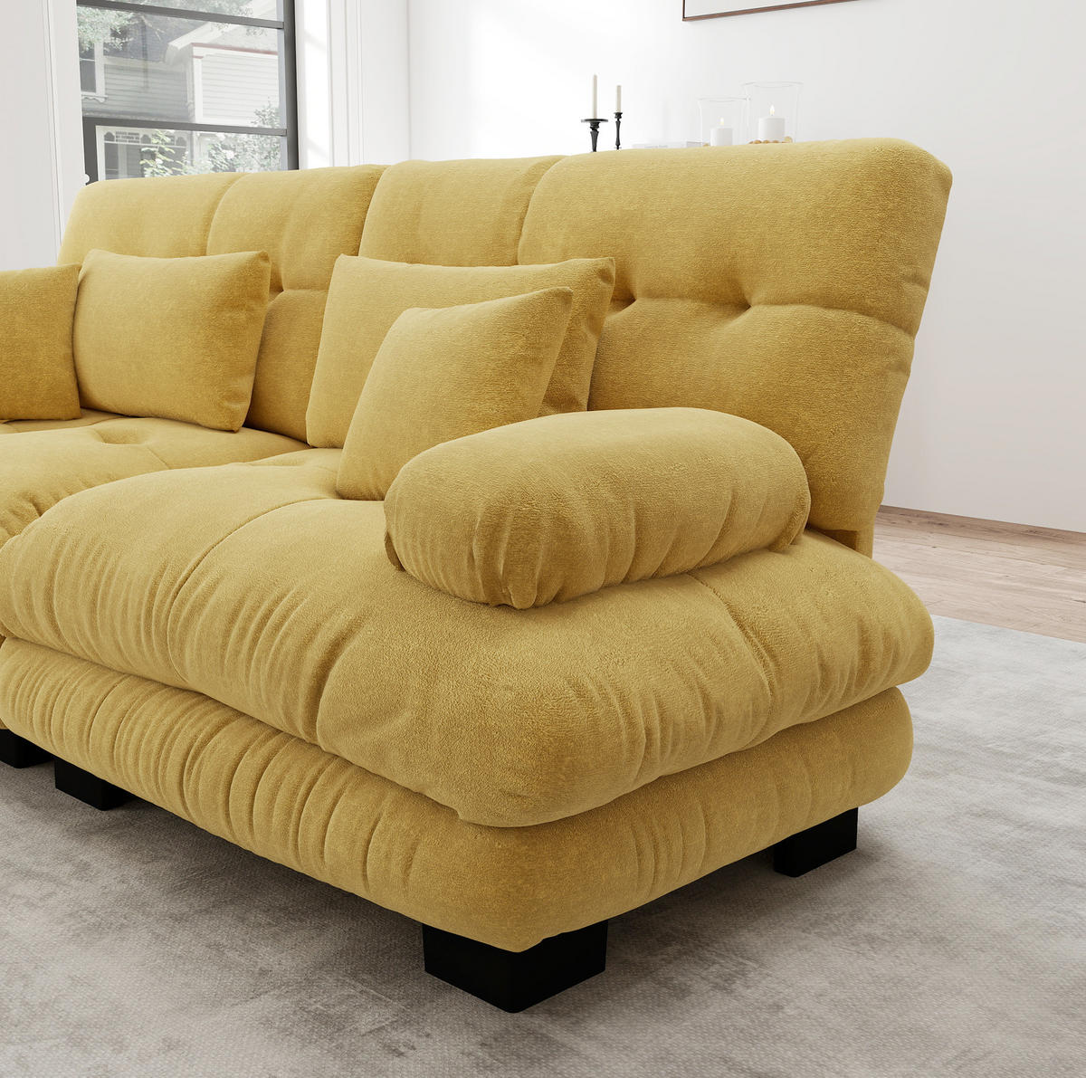 ECKSOFA aus Chenille in Gelb mit beweglichem Ottoman - Gelb, Textil (145/81/406cm) - Modfu