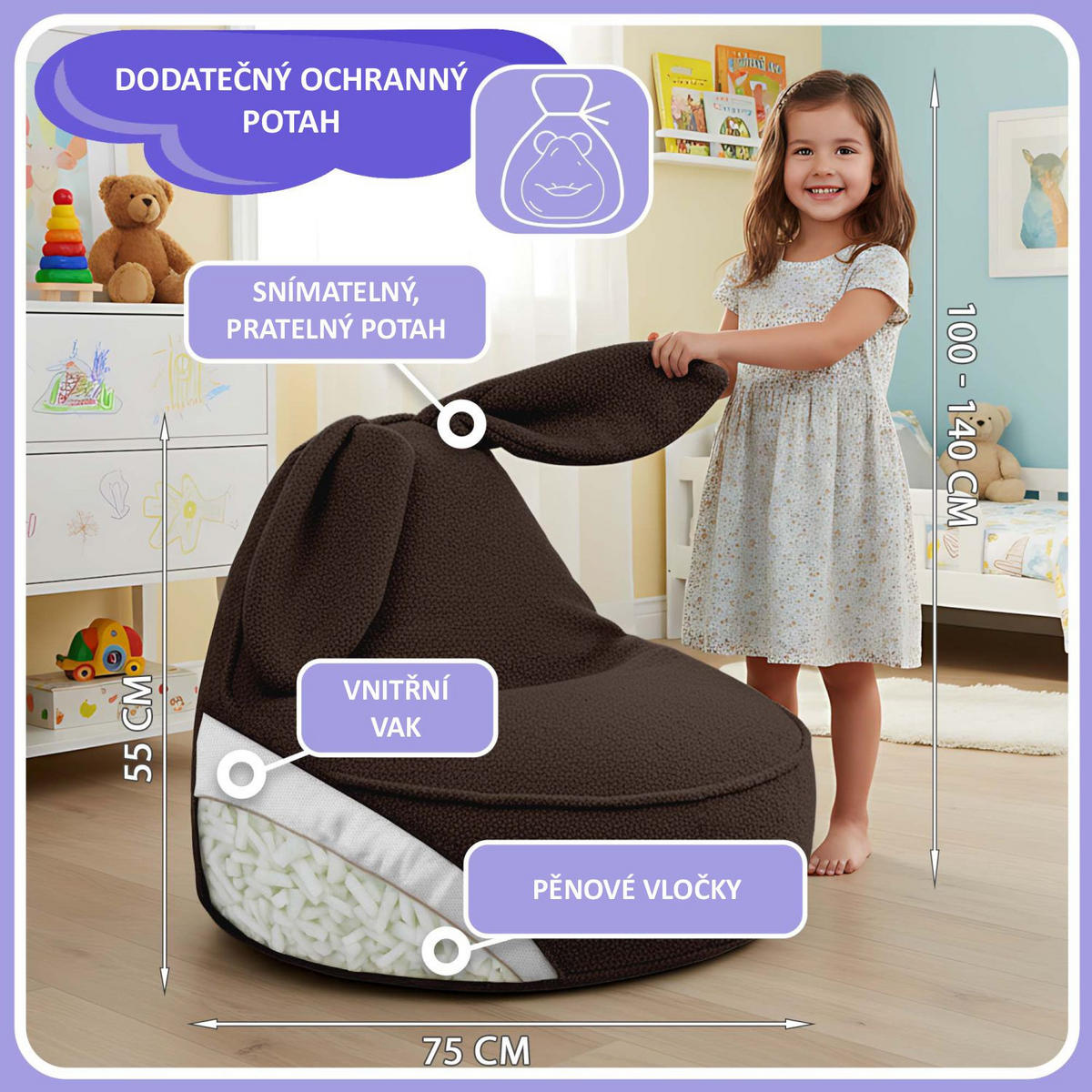 SITZSACK FÜR KINDER Hase 75/75/55 cm, weicher Bouclé 315 g/m², abnehmbarer Bezug, Cocoa Brown - Dunkelbraun, Textil (75/55/75cm) - Dreamroots