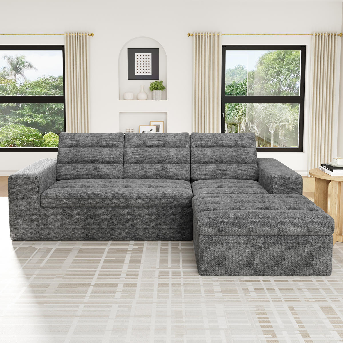 WOHNLANDSCHAFT 253/161/89 cm Hellgrau mit 1 Fußhocker - Hellgrau, Textil (253/89/161cm) - Oxeza