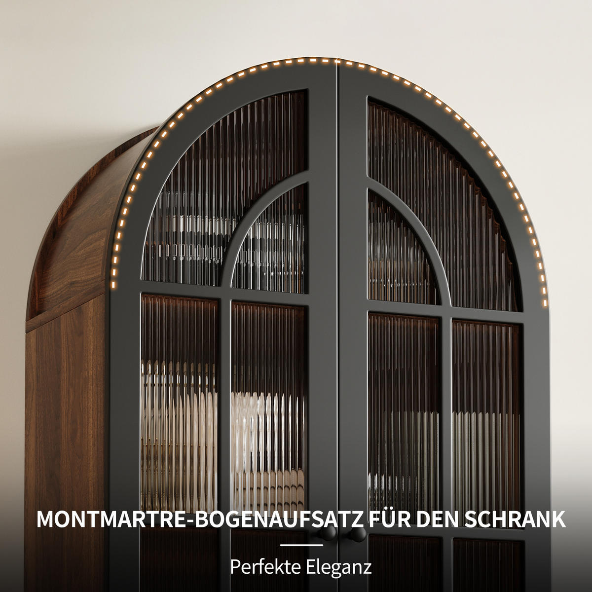 HOCHSCHRANK VITRINE Glastür Holzmaserung Bogen - Schwarz, Holzwerkstoff (76/165/35.5cm) - FLIEKS