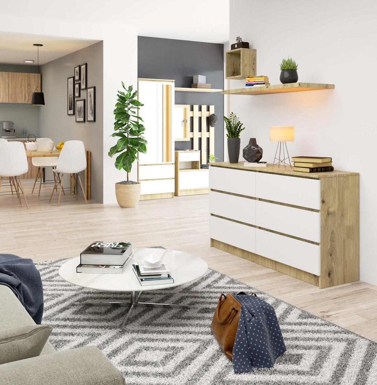 KOMMODE Eiche Artisan, Weiß 77/138/40 - Eiche Artisan/Weiß, Holzwerkstoff (138/77/40cm) - RAUMHIRSCH FURNITURE