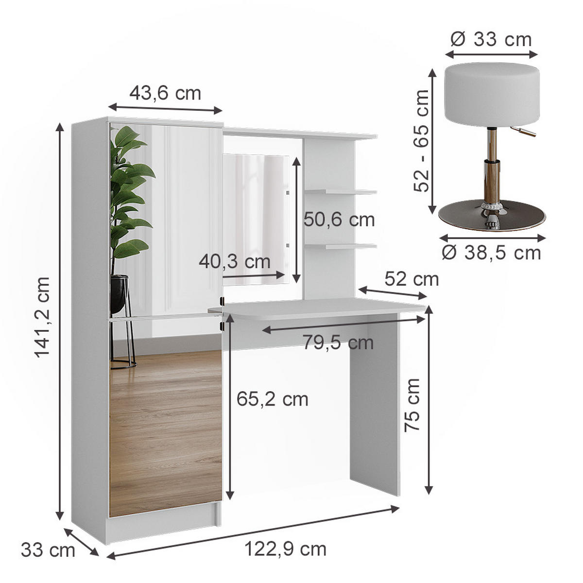 FRISIERTISCH Jasmin Weiß 123 x 141.2 cm mit Hocker - Weiß, Holzwerkstoff (123/141.2/33cm) - Vicco