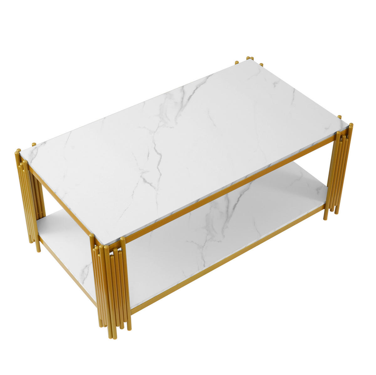 COUCHTISCH 114/64/46 cm mit 2 Ablagen und Metallgestell in Marmoroptik, Weiß/Gold - Weiß, Holzwerkstoff (114/64/46cm) - Redom