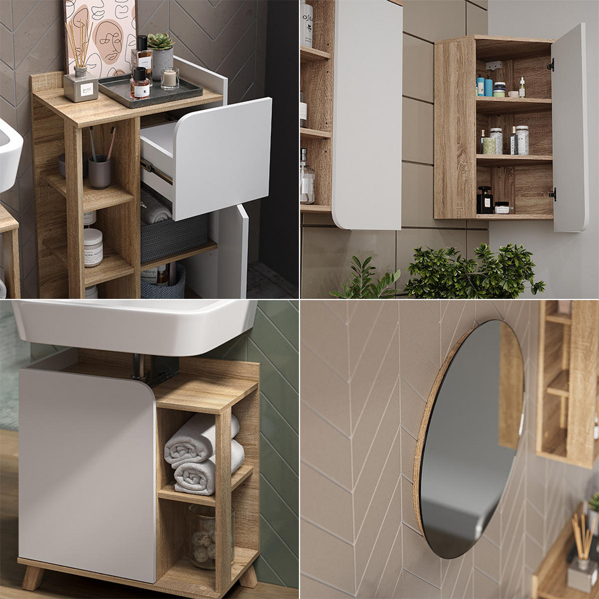 BADMÖBEL-SET Karen Sonoma/Weiß 6 Teile - Weiß/Sonoma Eiche, Holzwerkstoff (60/65/35cm) - Vicco