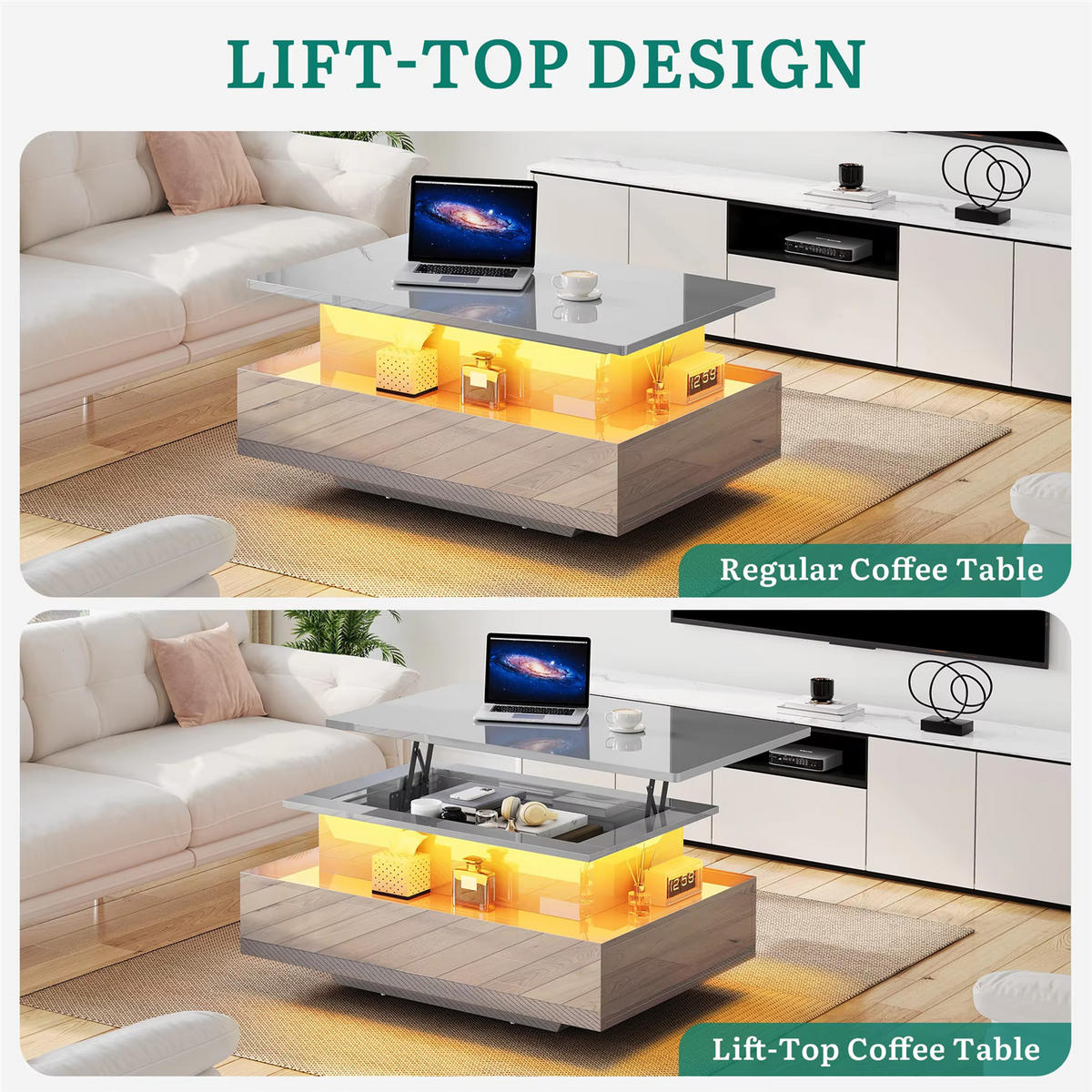COUCHTISCH Lift-Top LED Hebefunktion 2 Schubladen - Grau, Holz (85/55/56cm) - Kaket