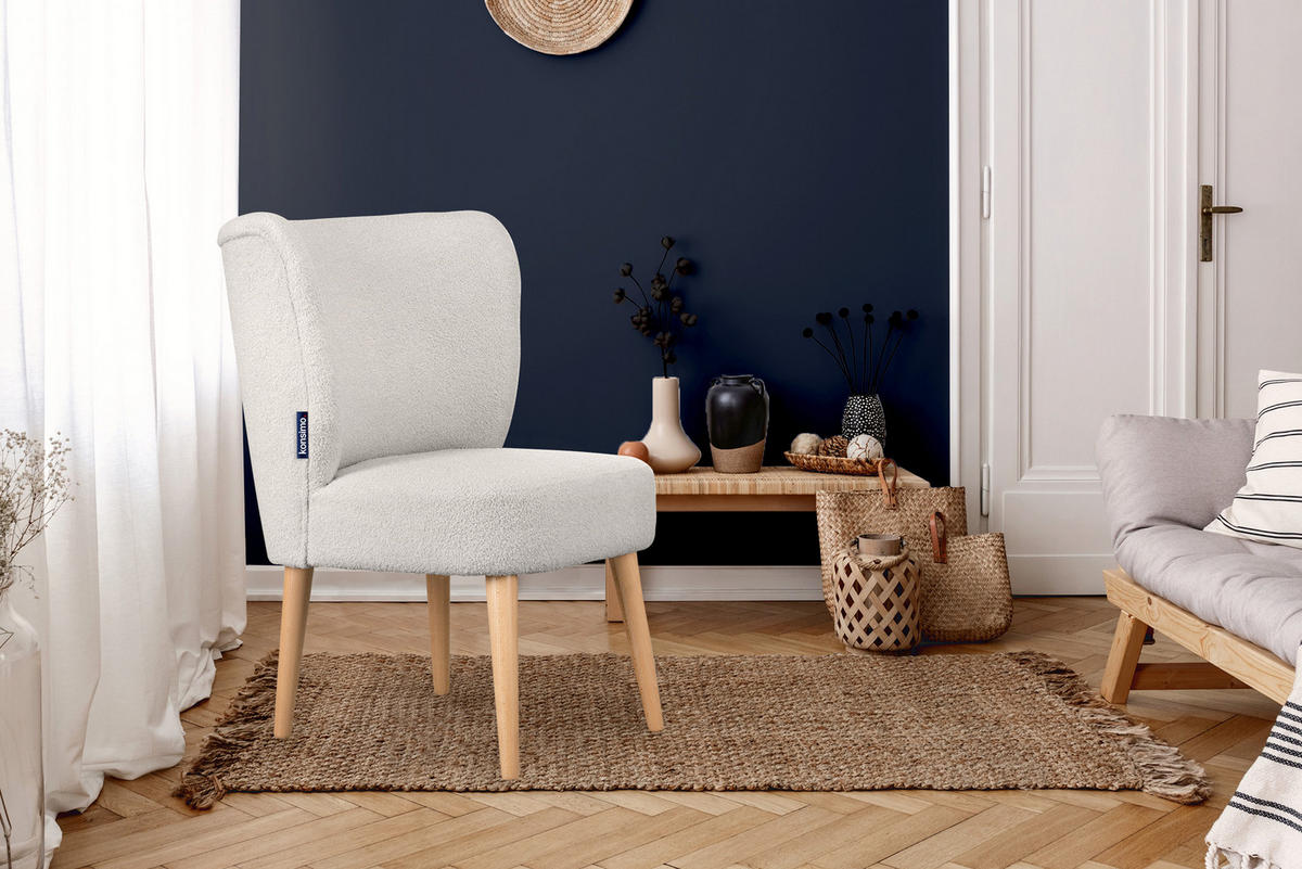 COCKTAILSESSEL APPA auf hohen Beinen aus Buche, aus recyceltem Boucle-Stoff, Creme/Buche Dekor - Buchefarben/Creme, Holz/Textil (63/89/65cm) - KONSIMO®