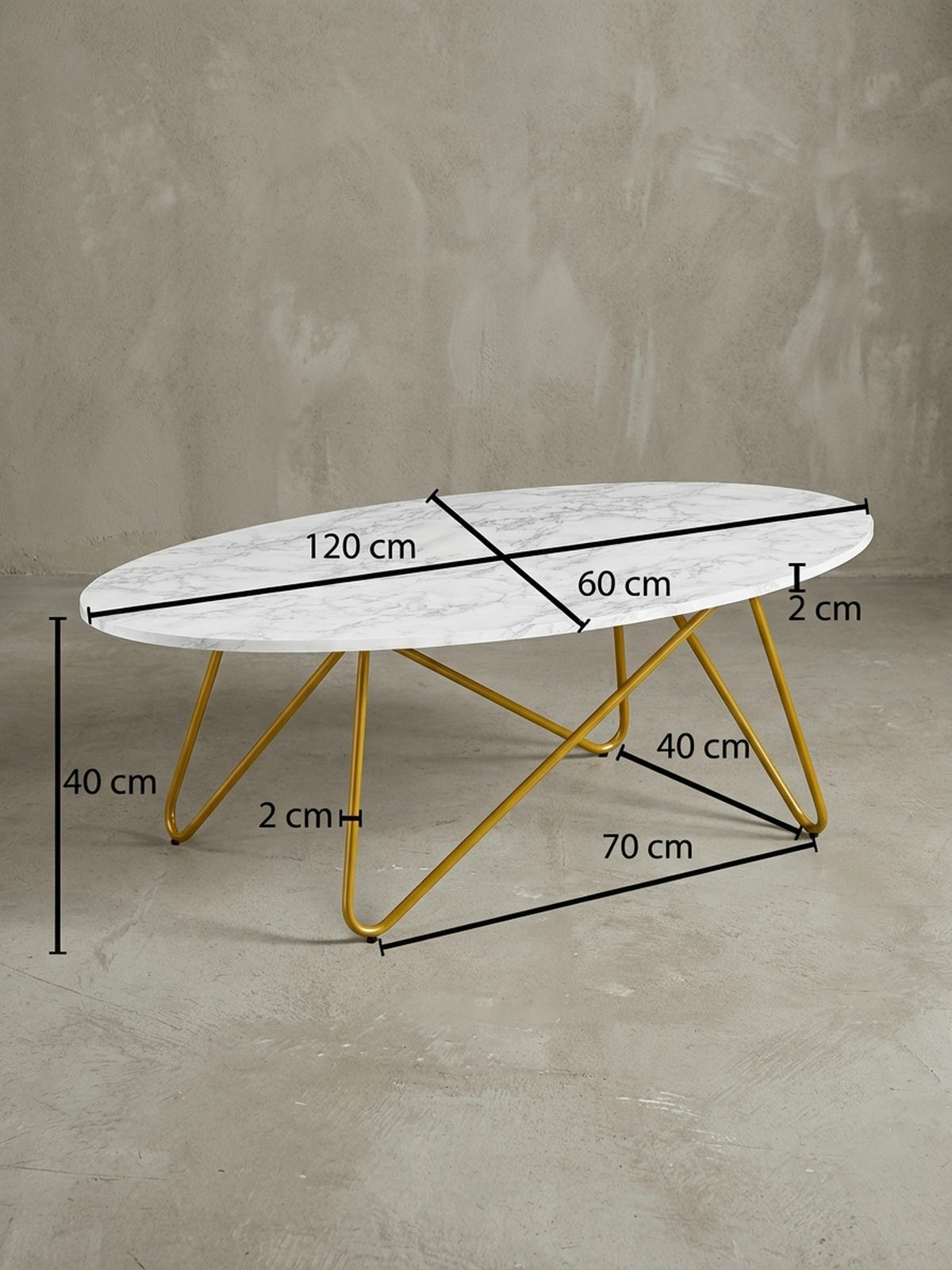 COUCHTISCH Oval in Marmor-Optik mit goldfarbenem Gestell, Maße 120x40x60 cm - Goldfarben/Weiß, Holz/Metall (60/120/40cm) - KADIMA DESIGN
