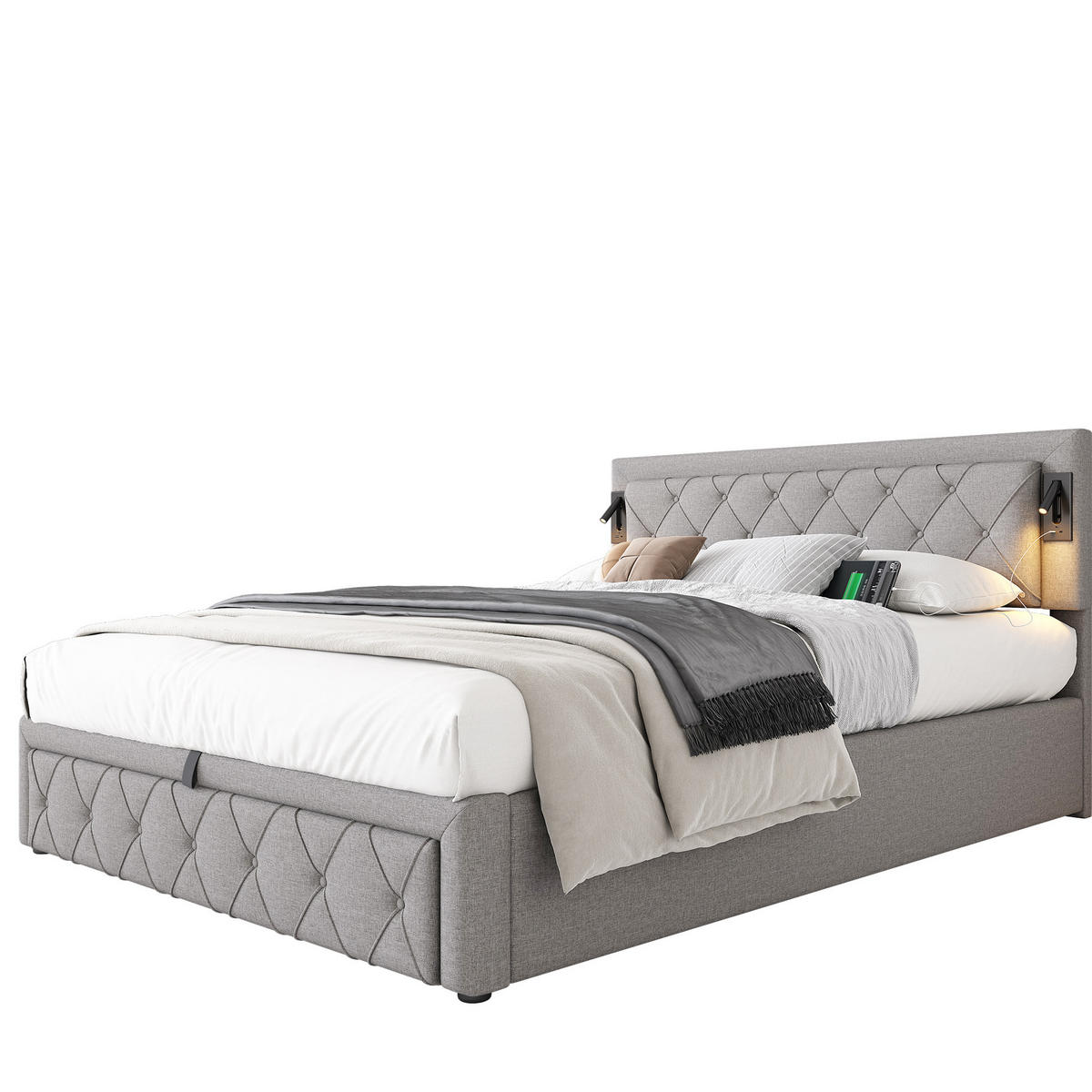 POLSTERBETT aus Leinen 160x200 cm Grau mit USB-Anschluss, Downlight und hydraulischem Bettkasten - Grau, Textil (160/200cm) - Modfu
