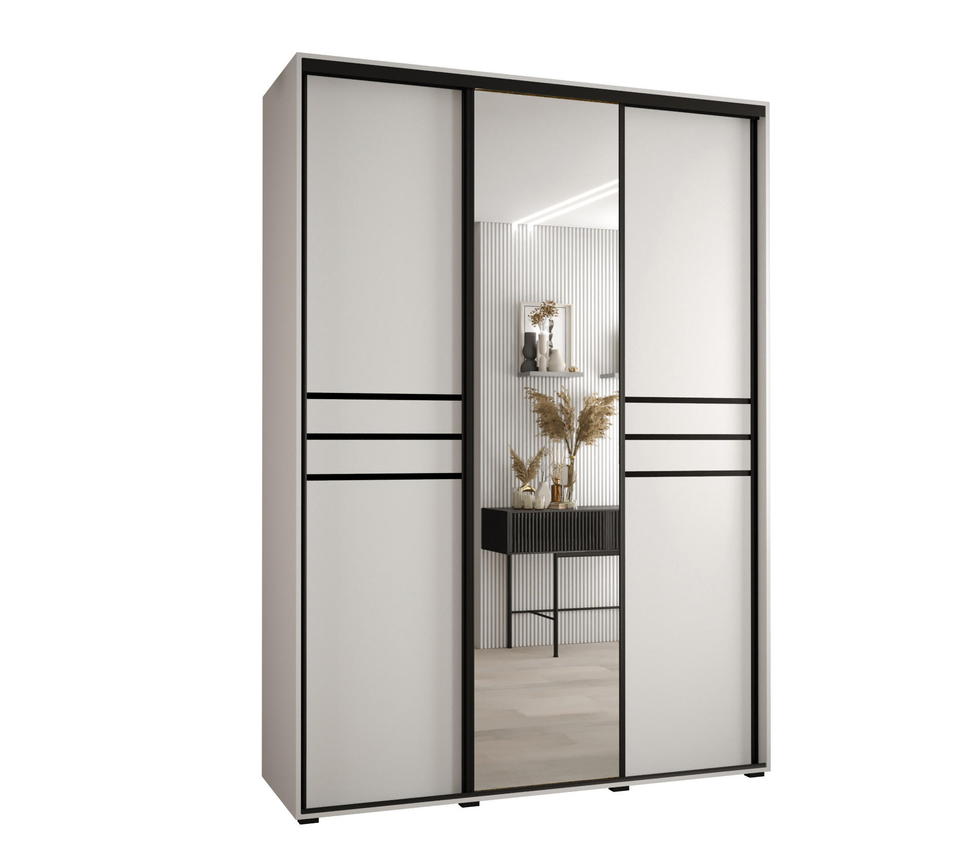 Abiks Möbel Schwebetürenschrank Weiß, Weiß, Schwarz 170x235x60 cm