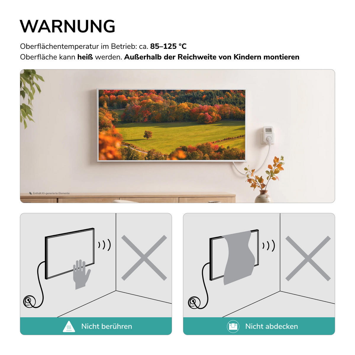 WANDKONVEKTOR Elektrisch mit dekorativem Landschaftsbild, Thermostat und WLAN App Steuerung, 119,5/59,5/2 cm - Weiß, Kunststoff/Metall (119.5/59.5/2cm) - EMKE