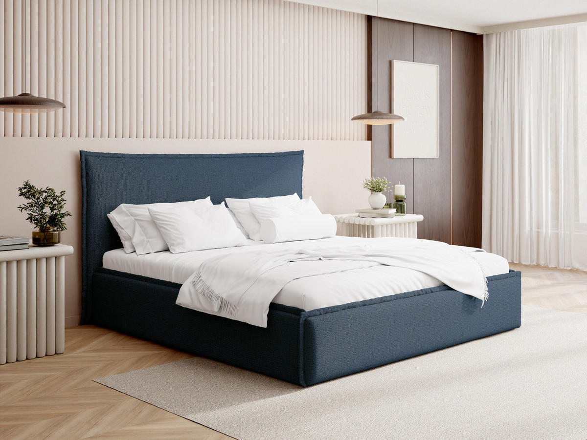 POLSTERBETT Pillow mit Bettkasten, Lattenrost & hohem Kopfteil in Dunkelblau Chenille 120x200 cm - Blau/Birkefarben, Holz/Kunststoff (120/200cm) - WFL GROUP