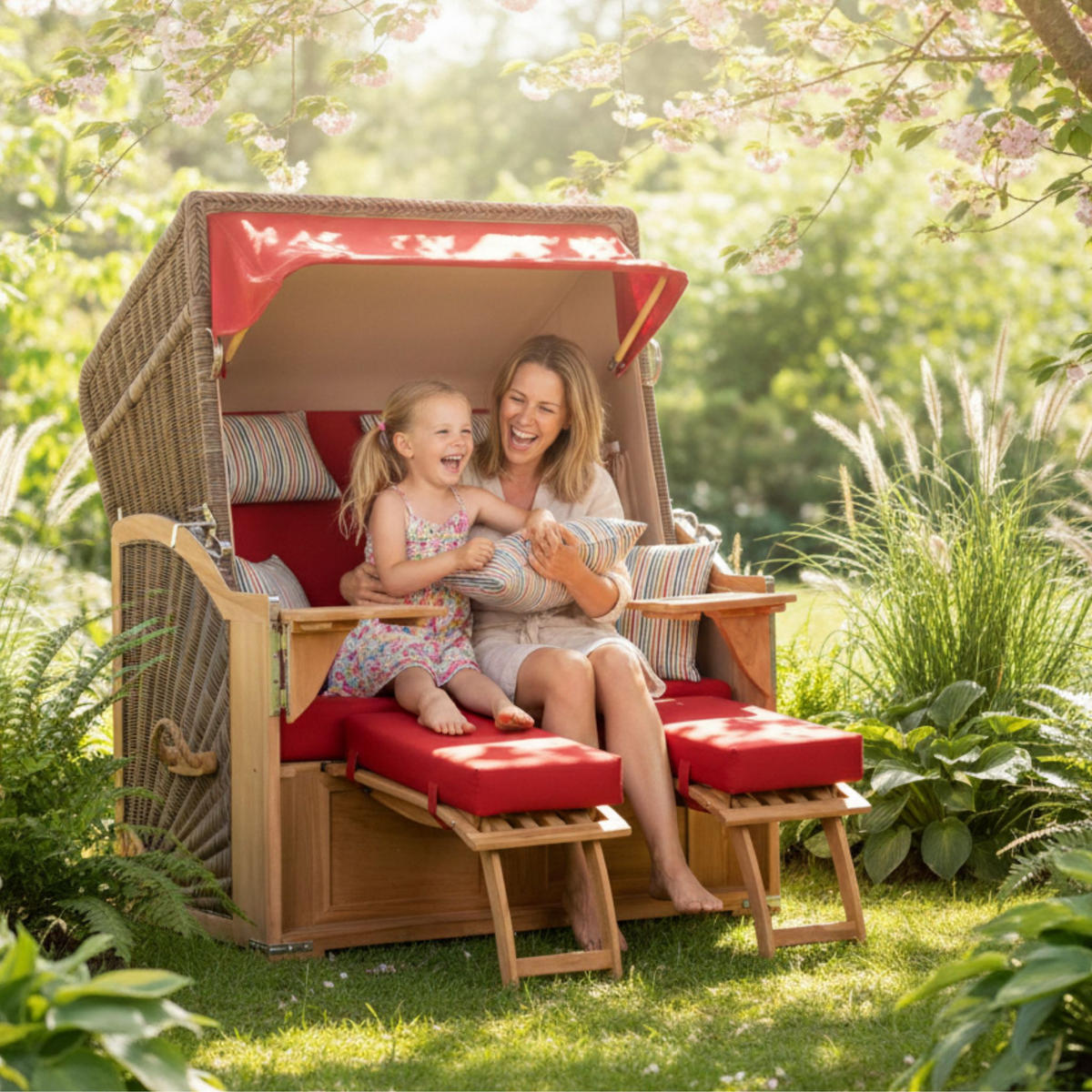 STRANDKORB SEEBLICK 2 Sitzer Teak - Rot/Braun, Metall (125/170/80cm) - Mr. Deko