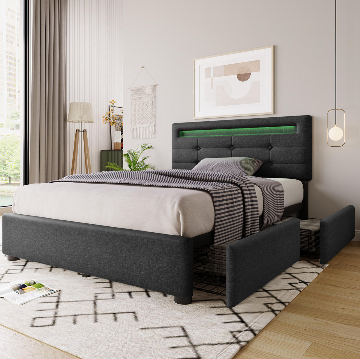 POLSTERBETT mit LED-Beleuchtung 90/200 cm, mit 2 Schubladen und verstellbarem Kopfteil - Grau, Textil (90/200cm) - BEAOK
