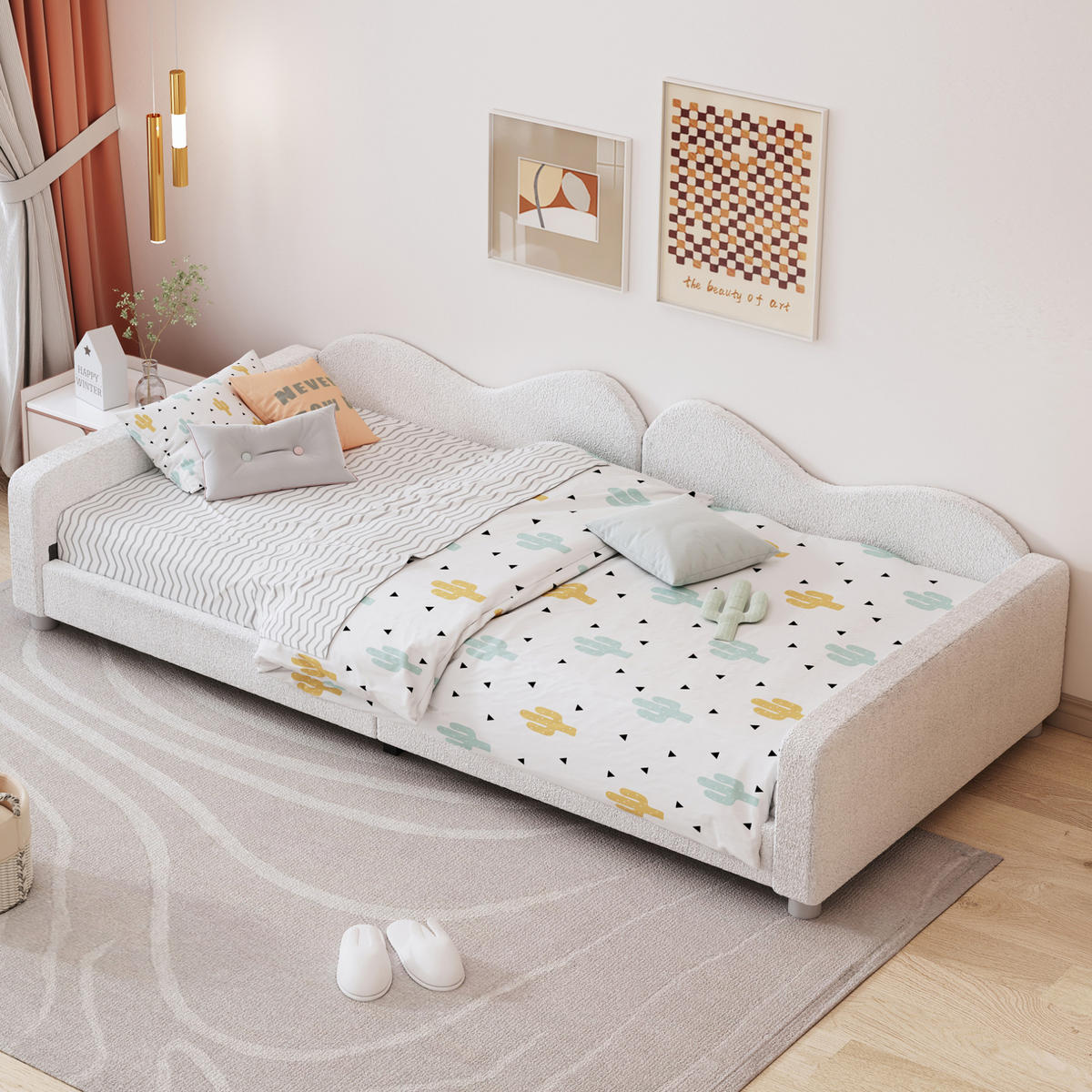 KINDEREINZELBETTEN aus Teddystoff 214,5x95x42 cm in Weiß mit Rückenlehne - Weiß, Textil (90/200cm) - Modfu
