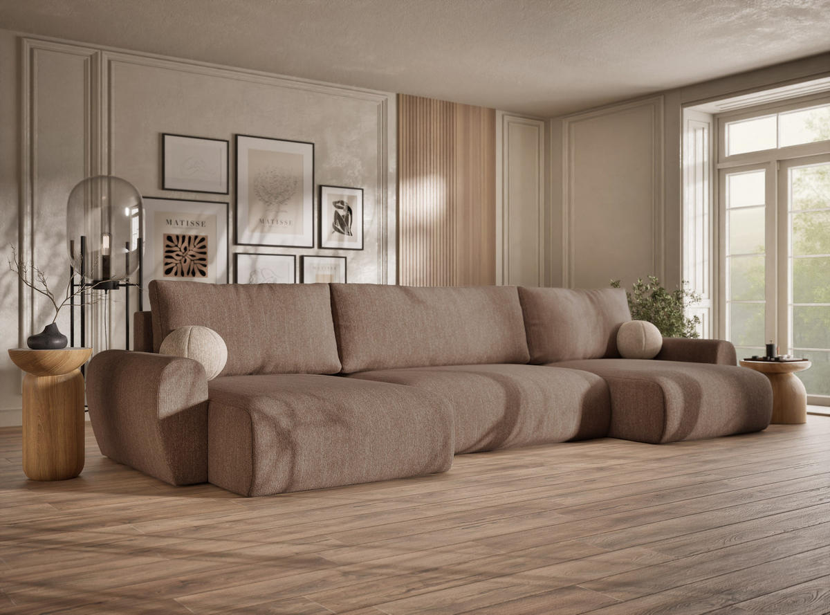 WOHNLANDSCHAFT MIT SCHLAFFUNKTION Numba Hellbraun Webstoff - Hellbraun/Schwarz, Holz/Holzwerkstoff (397/70/153cm) - Maison de Reve