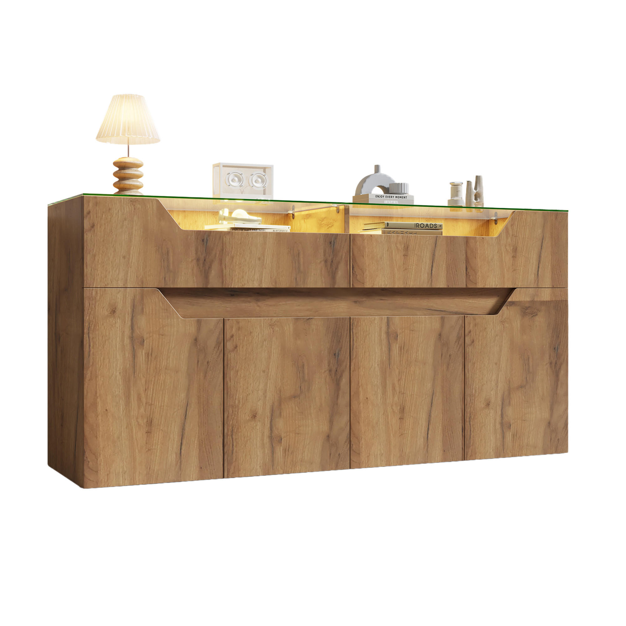 SIDEBOARD Tr&auml;look f&ouml;rvaringssk&aring;p med 2 l&aring;dor och h&auml;rdad glasskiva, 140/40/70 cm Naturf&auml;rgad 70/140/40 cm