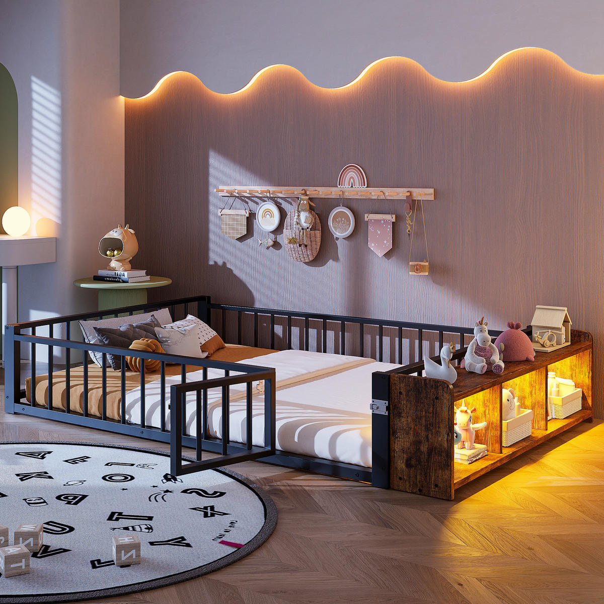 FLACHBETT 140/200 cm Schwarz mit Schutzgeländer, LED-Leisten, ohne Matratze - Schwarz, Metall (140/200cm) - MIVRAY