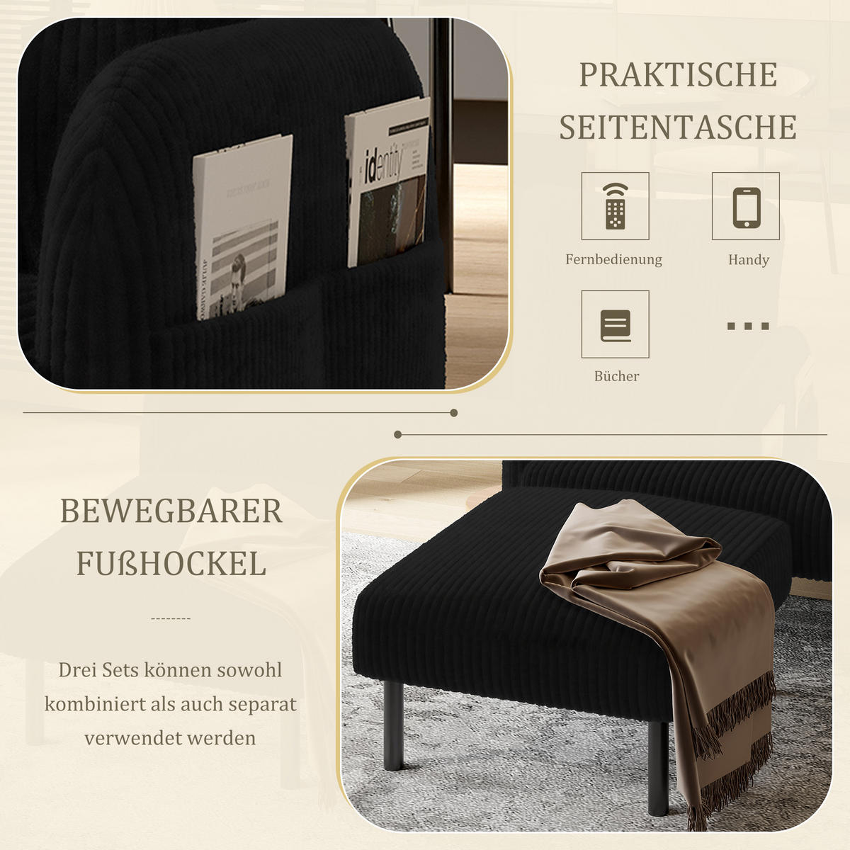 2-SITZER-SOFA Stoffcouch mit Seitentaschen,Cord,Schwarz - Grau, Textil (120/79/75cm) - LVHOM
