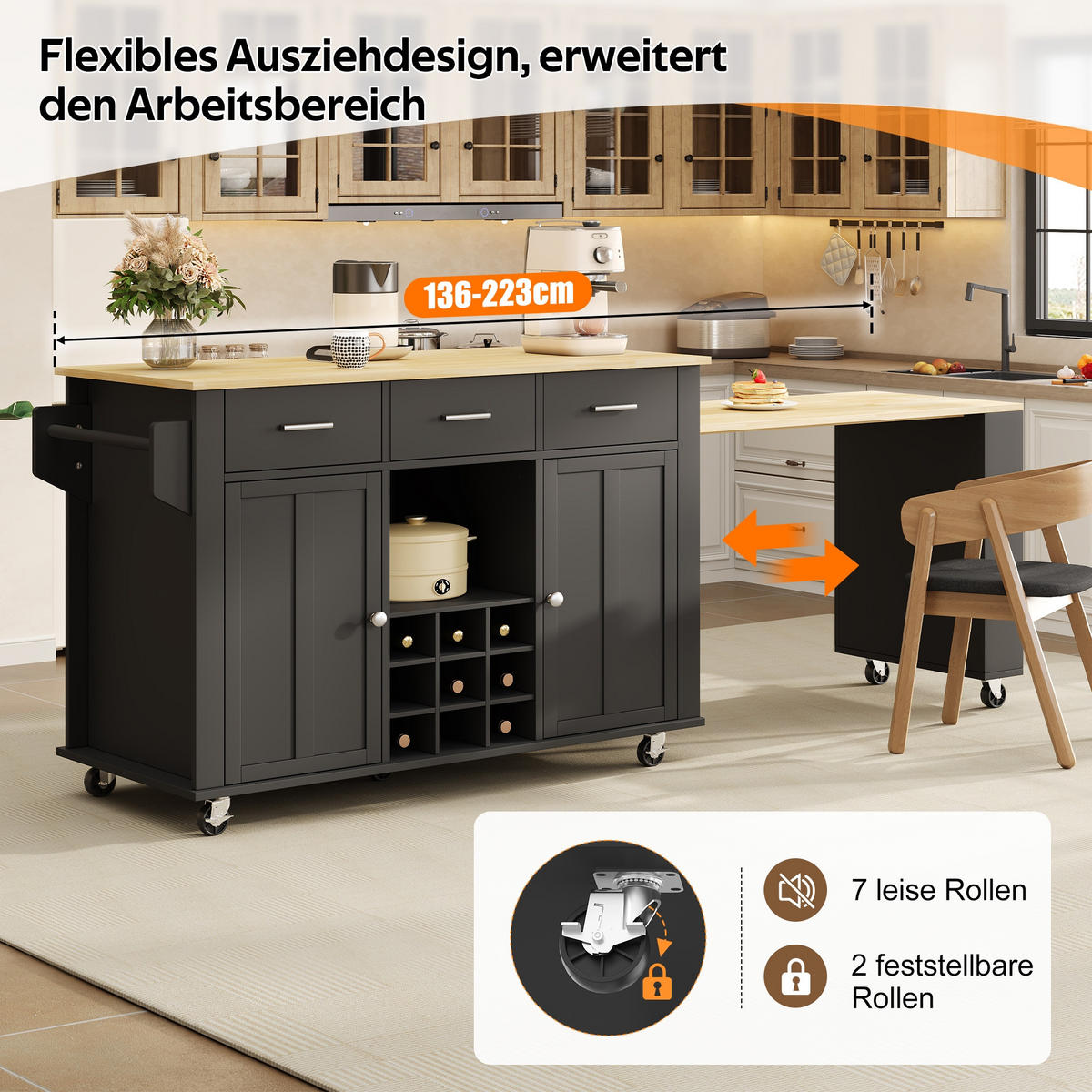 KÜCHENINSEL auf Rollen 136-223/50/93 cm Schwarz mit ausziehbarer Arbeitsplatte und 3 Schubladen - Schwarz, Holz (50/93/136cm) - Oxeza