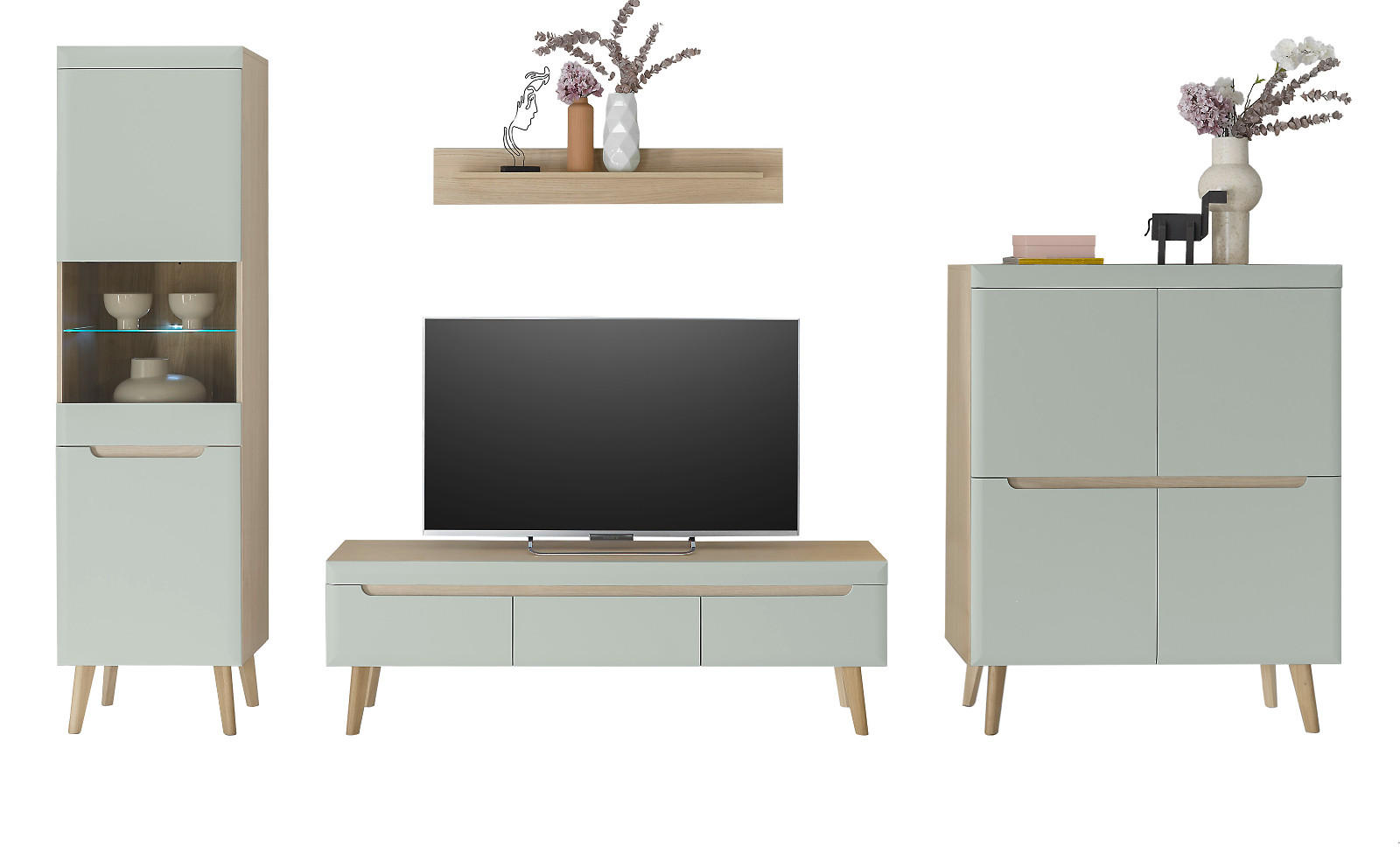 WOHNWAND 4-teilig pistazie grün, Eiche, skandinavisch 360 x 197 cm, Schrankwand mit Soft-Close - Eichefarben/Pastellgrün, Glas/Eichenholz (360/197/40cm) - Furn.Design
