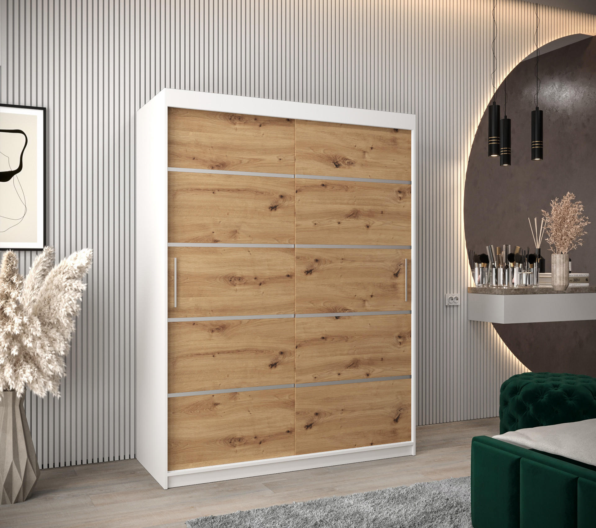 SCHWEBETÜRENSCHRANK 200/150/62 2-türig - Silberfarben/Eiche Artisan, Holz/Kunststoff (150/200/62cm) - MÖBEL KRYSPOL