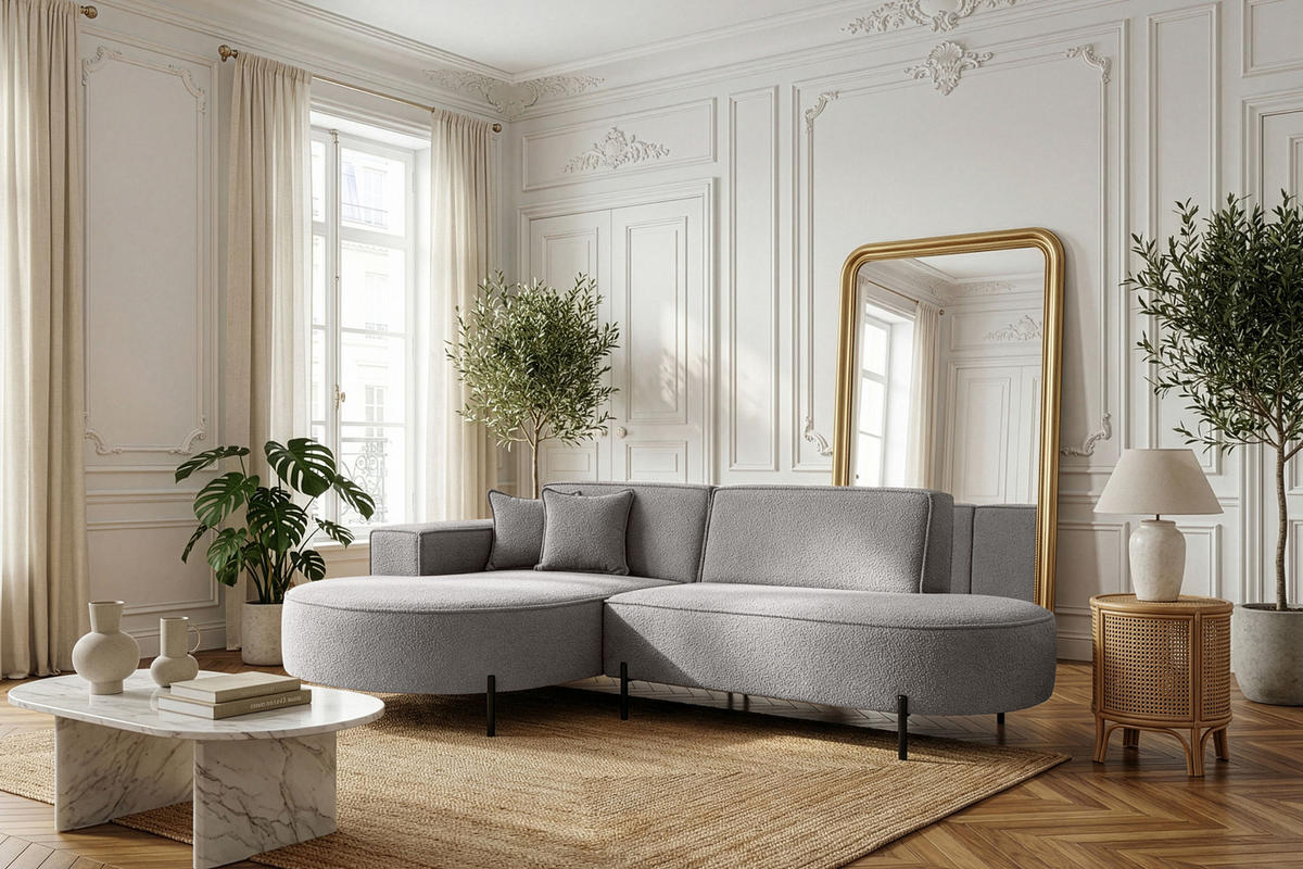 ECKSOFA Hana Loft 3-Sitzer Ecke Links, Boucle, Hellgrau 241/80/168 cm - Hellgrau/Schwarz, Textil/Metall (241/168cm) - WFL GROUP