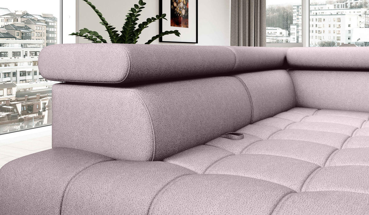 ECKSOFA BAGGIO Letto Stoff, Schlaffunktion, Bettkasten, Sitztiefe, Kopfstützen 280x196cm – Rechts – Puderrosa - Hellrosa, Holz/Textil (280/196cm) - DomoHome