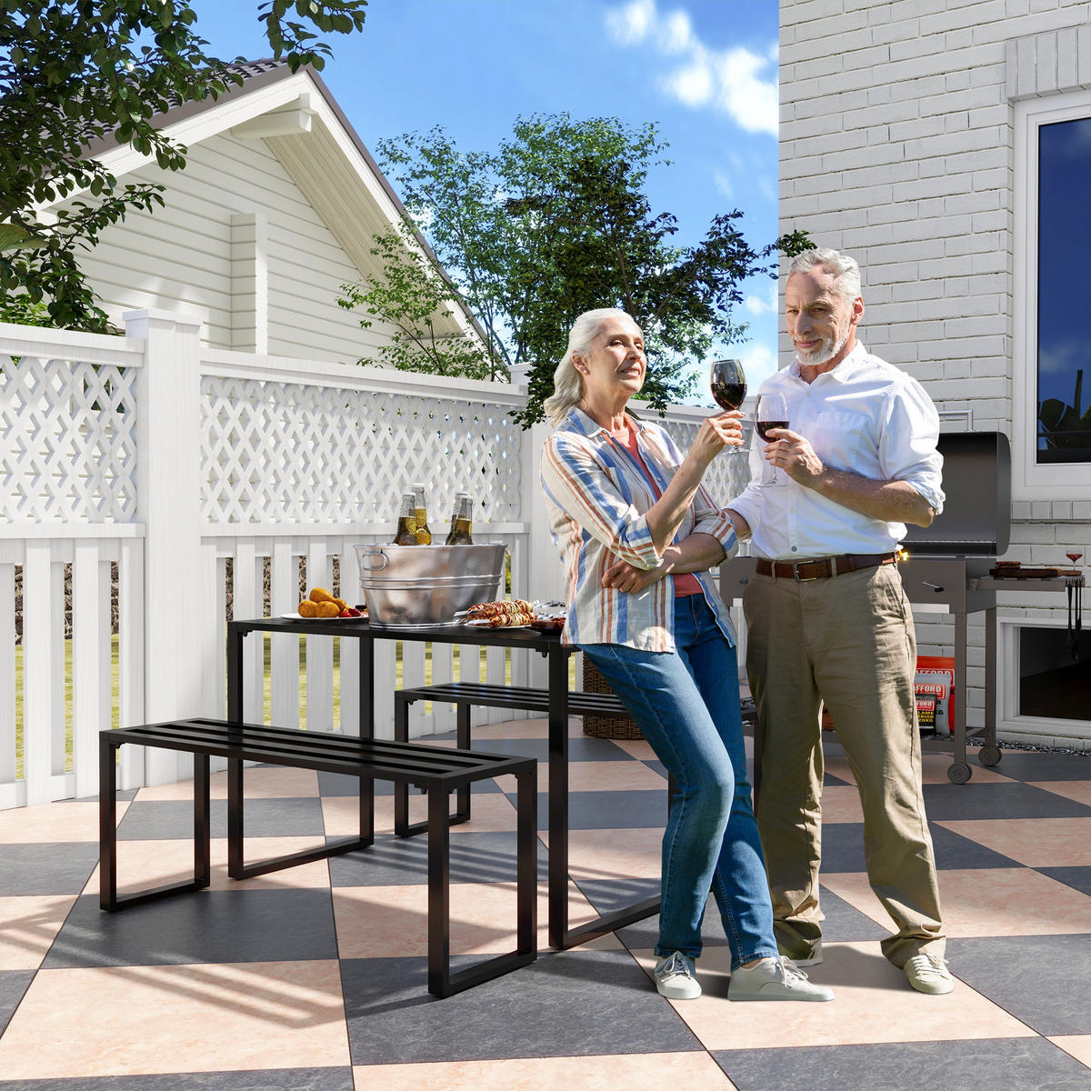 GARTENSET Tisch 2 Bänke schwarz - Schwarz, Metall - LEBENLANG