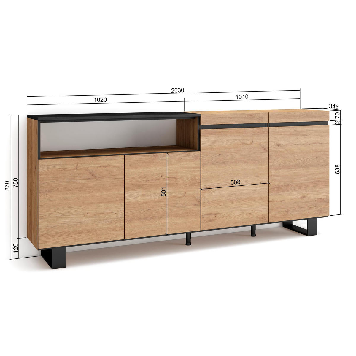 SIDEBOARD eiche, schwarz, 200/35/87cm - Multicolor, Holzwerkstoff (200/87/35cm) - Skraut Home