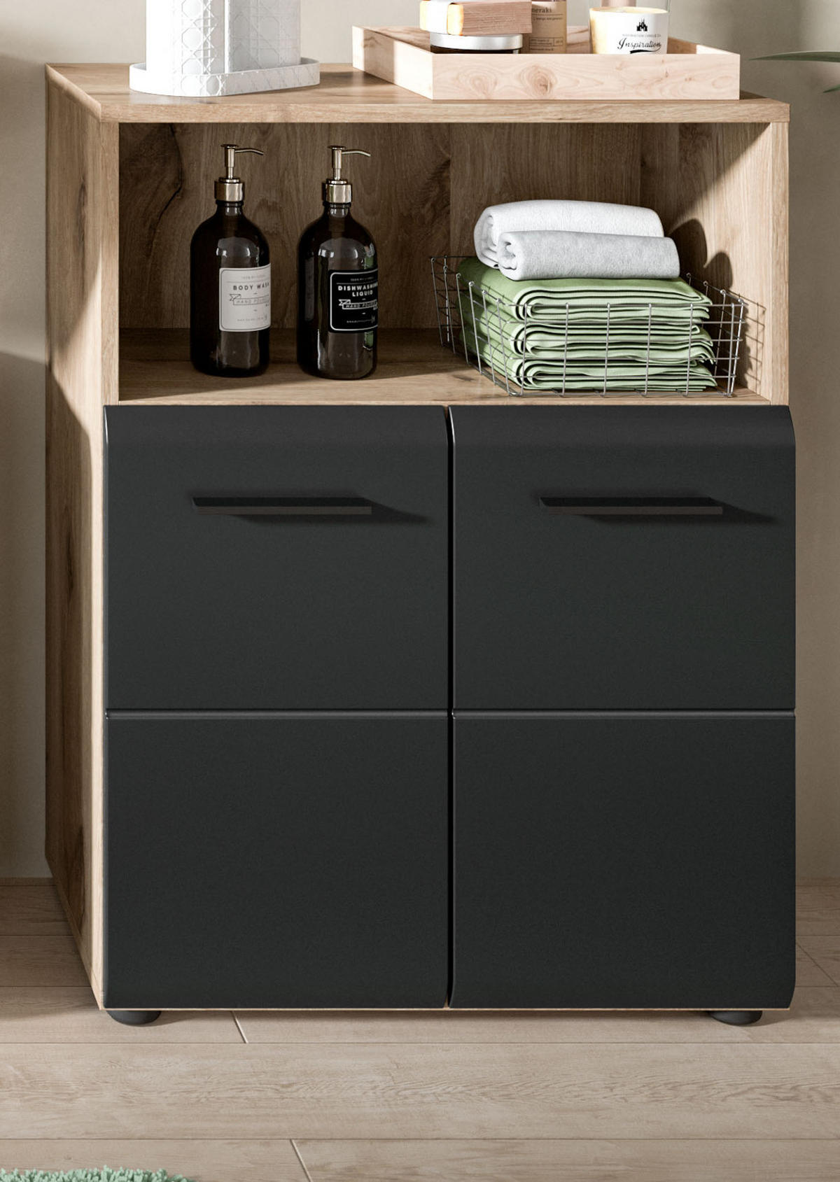 MIDISCHRANK schwarz matt, Eiche 2-türig, Badkommode 60 cm - Eichefarben/Schwarz, Holzwerkstoff/Kunststoff (60/80/30cm) - Inn.Furn