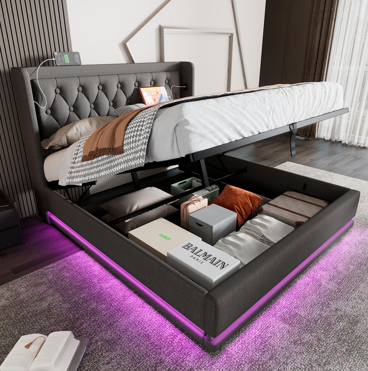 POLSTERBETT 160/200 cm Grau aus Baumwolle mit Bettkasten, LED und USB-C - Grau, Textil (160/200cm) - OKMYHOME