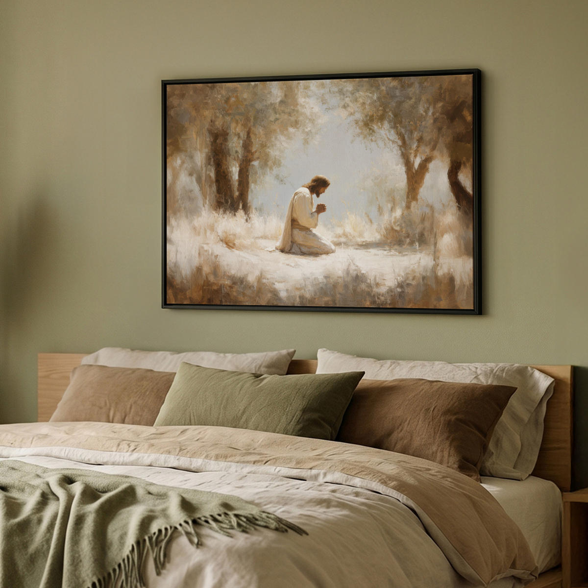 LEINWAND Bilder mit Rahmen - Jesus - Kniend - Waldlandschaft - Betend - 100x70 - Beige, Textil (100/70cm) - MuchoWow