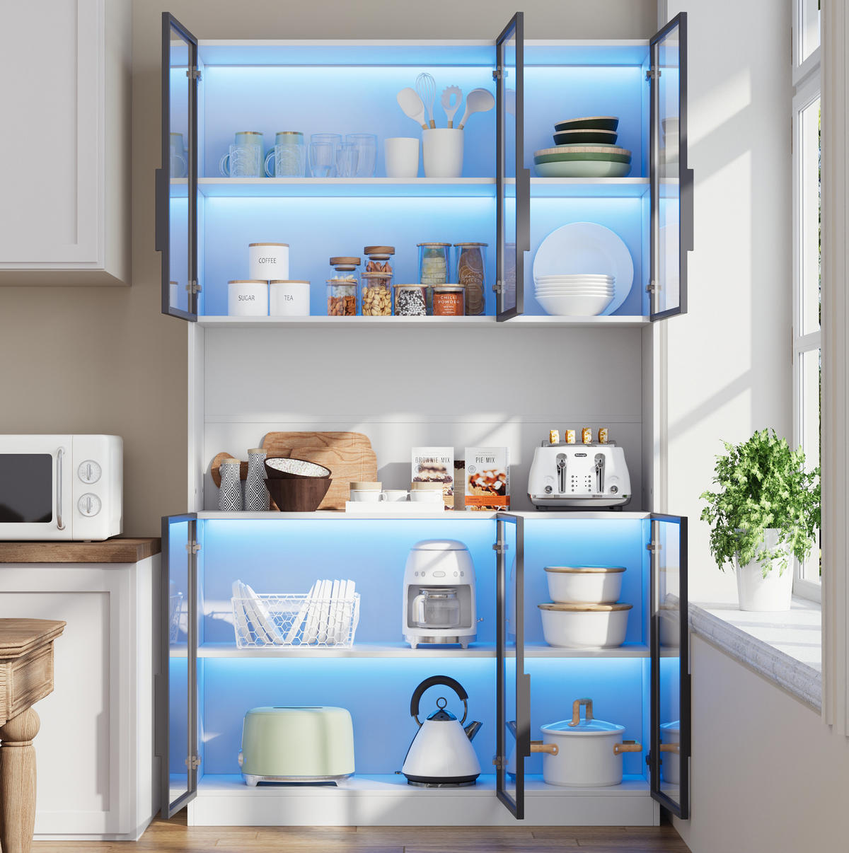 VITRINE 120/34/200 cm aus MDF und Glas mit 6 Türen, LED-Beleuchtung und Soft-Close, Weiß - Weiß, Holzwerkstoff (120/200/34cm) - Redom