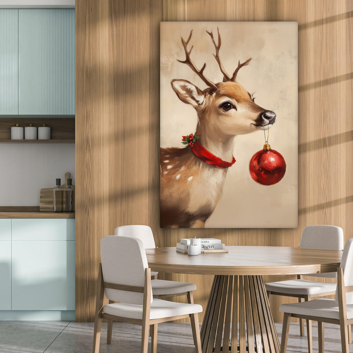 LEINWANDBILD Weihnachten - Hirsch - Geweih - Weihnachtskugel - Rentier 80x120 cm - Hellbraun, Textil (80/120cm) - MuchoWow