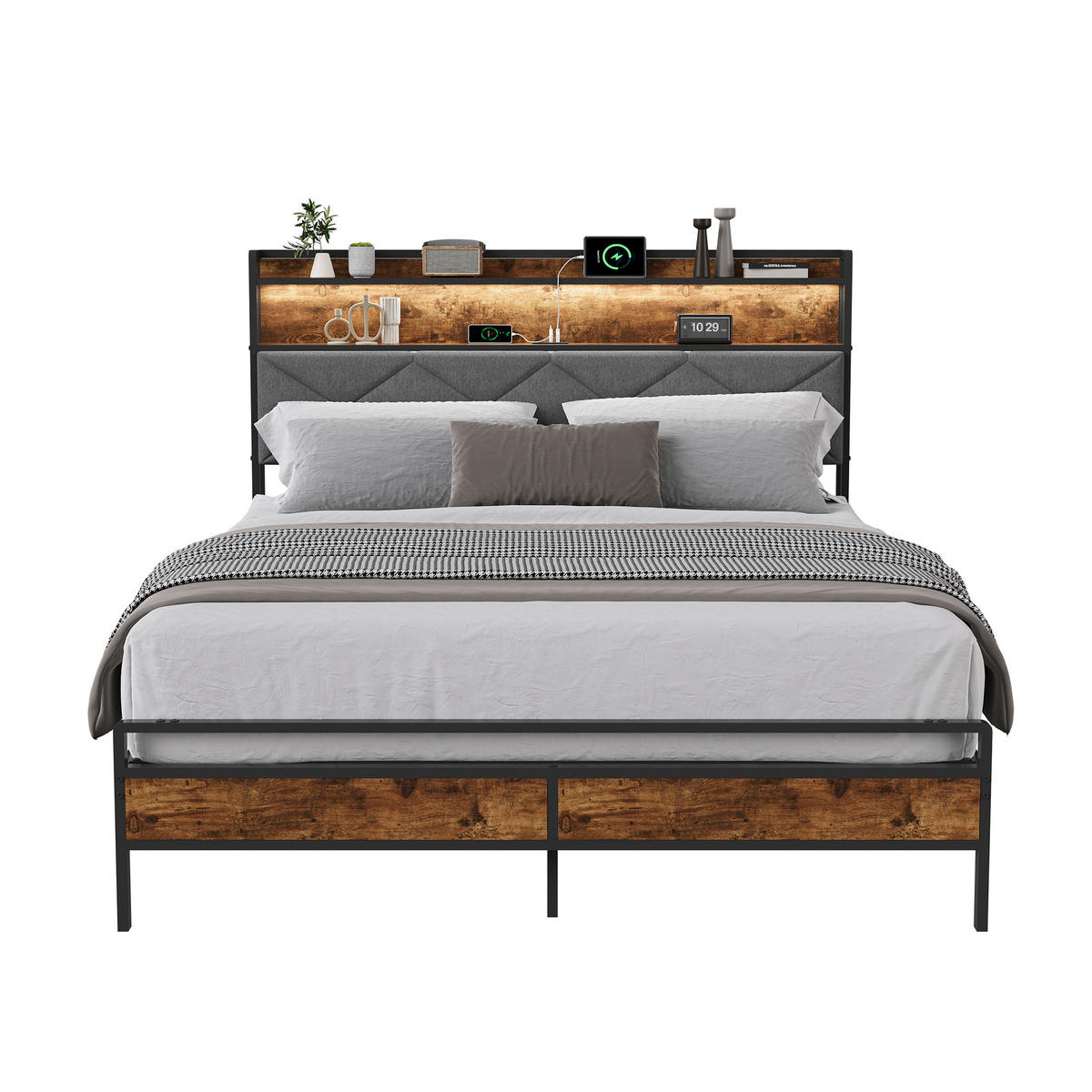 METALLBETT 140x200 cm mit LED, USB & Ablage, Grau - Grau, Metall (140/200cm) - EuroLiving