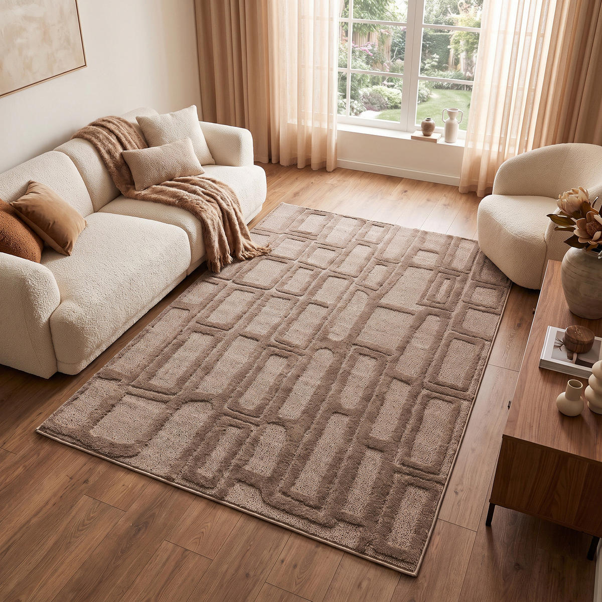 KURZFLORTEPPICH RELIEVO taupe grafisch 3D-Struktur 200/300 cm - Taupe, Textil (200/300cm) - Tapiso