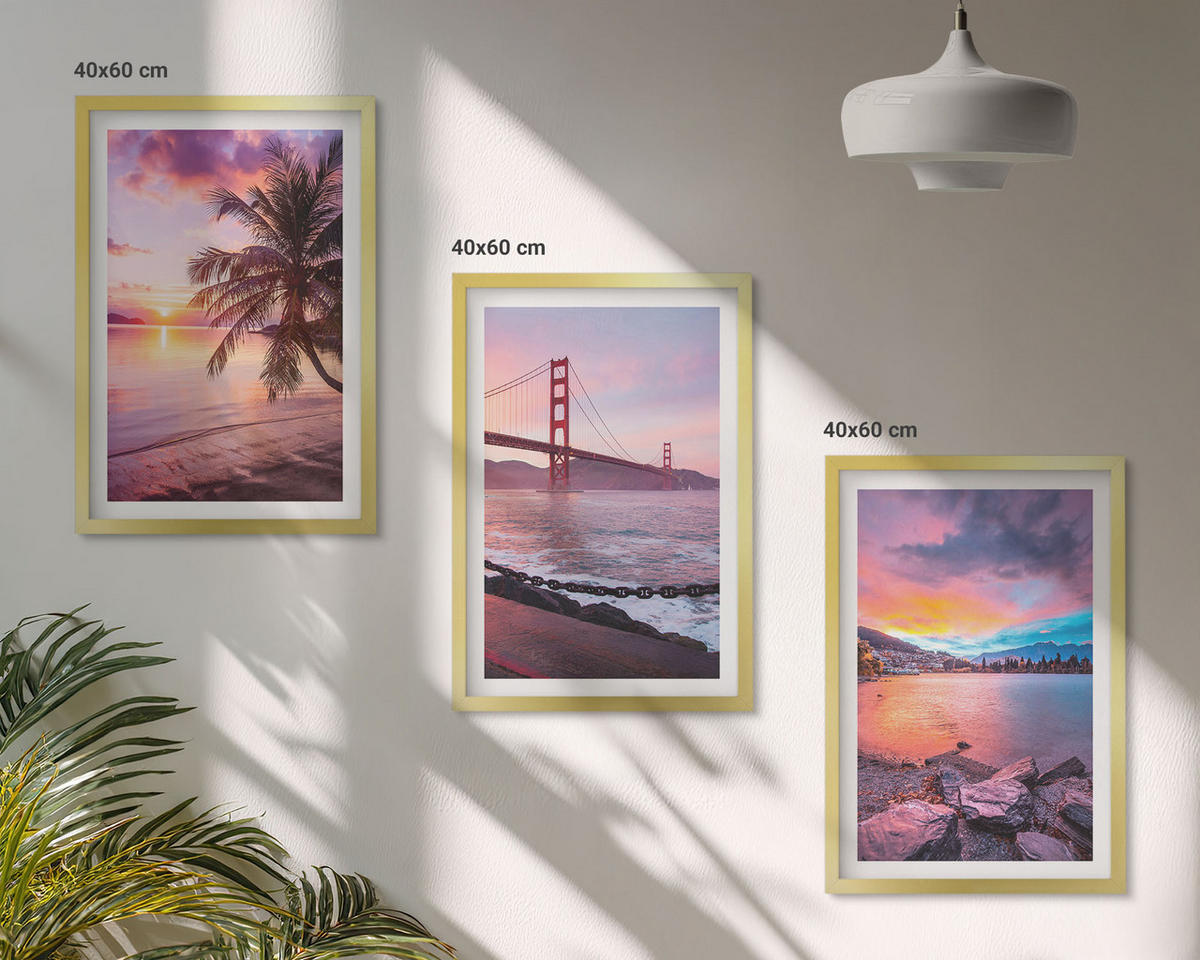 BILDER SET 3er Set - 40x60 cm Goldrahmen - Sonnenuntergangsbrücke Landschaft - Goldfarben, Kunststoff (40/60cm) - TULUP