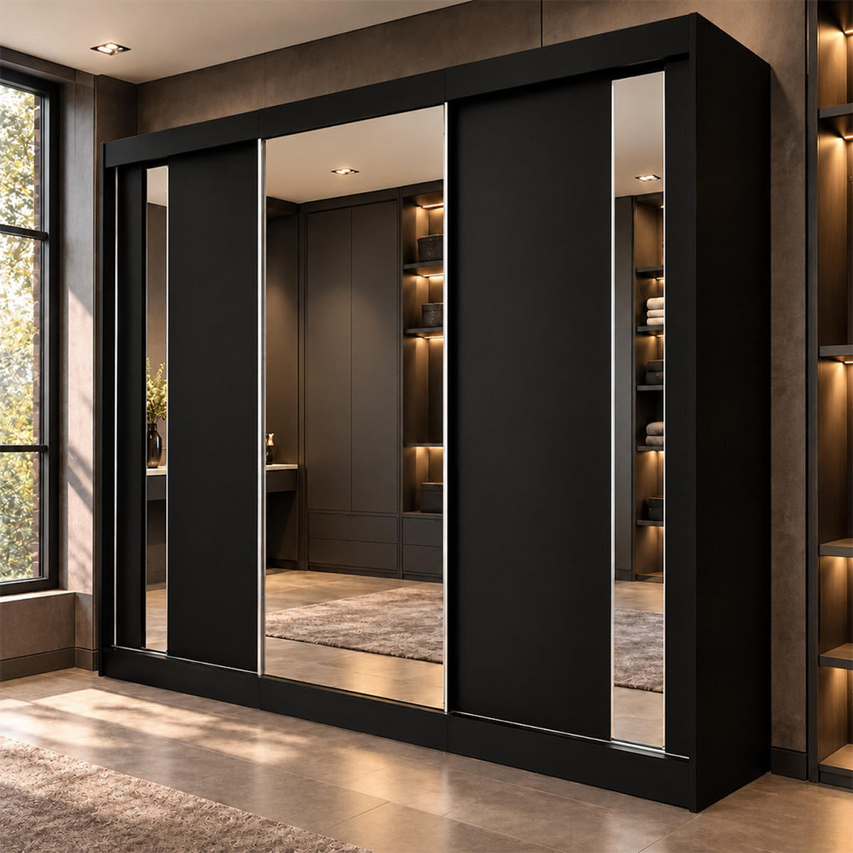 KLEIDERSCHRANK Gloria 240 cm Schwarz Spiegel 4 Schubl. Griffe silber - Schwarz, Holzwerkstoff (240/216/61cm) - KS Home Concept