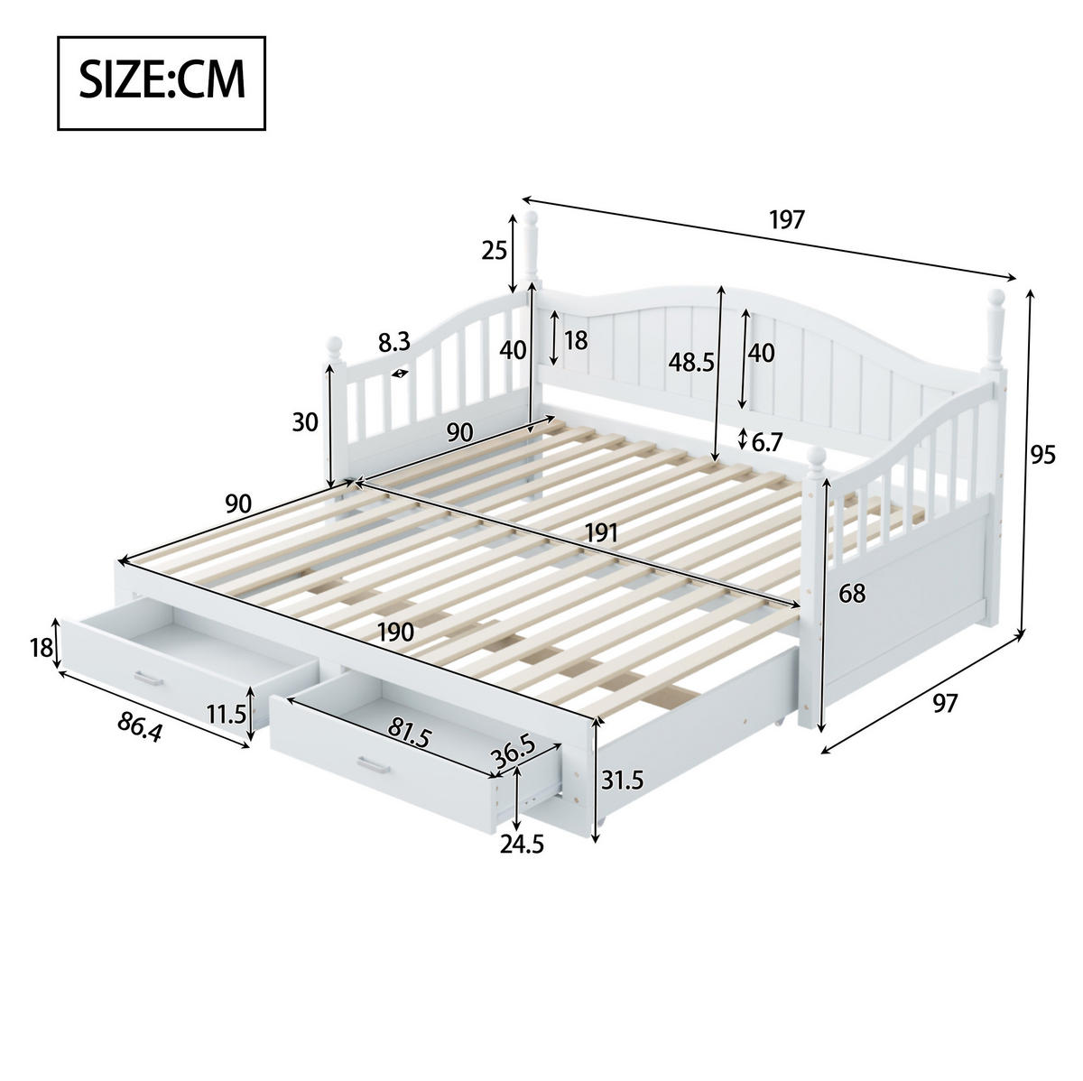 SCHLAFSOFA 90/190 cm ausziehbar zum 180/190 cm Bett mit 2 Schubladen und Lattenrost, Weiß - Weiß, Holzwerkstoff (97/95/197cm) - Redom