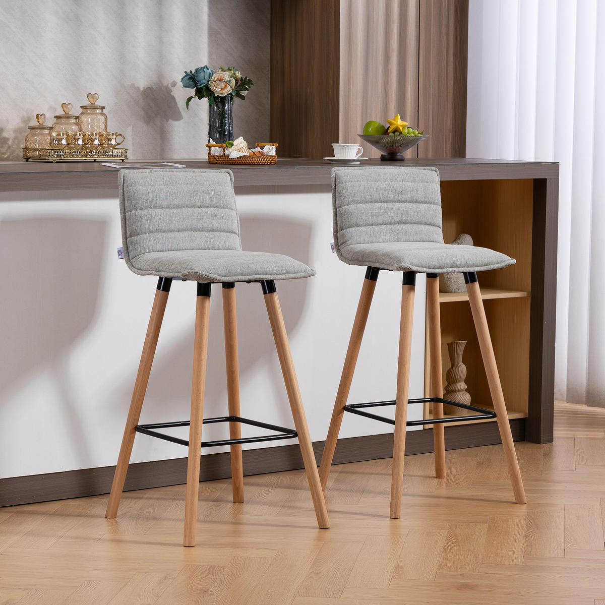BARHOCKER 2er-Set DE-14800 gepolstert mit Rückenlehne & Fußstütze Grau - Grau, Holzwerkstoff (48/99.5/48cm) - ComfortXL