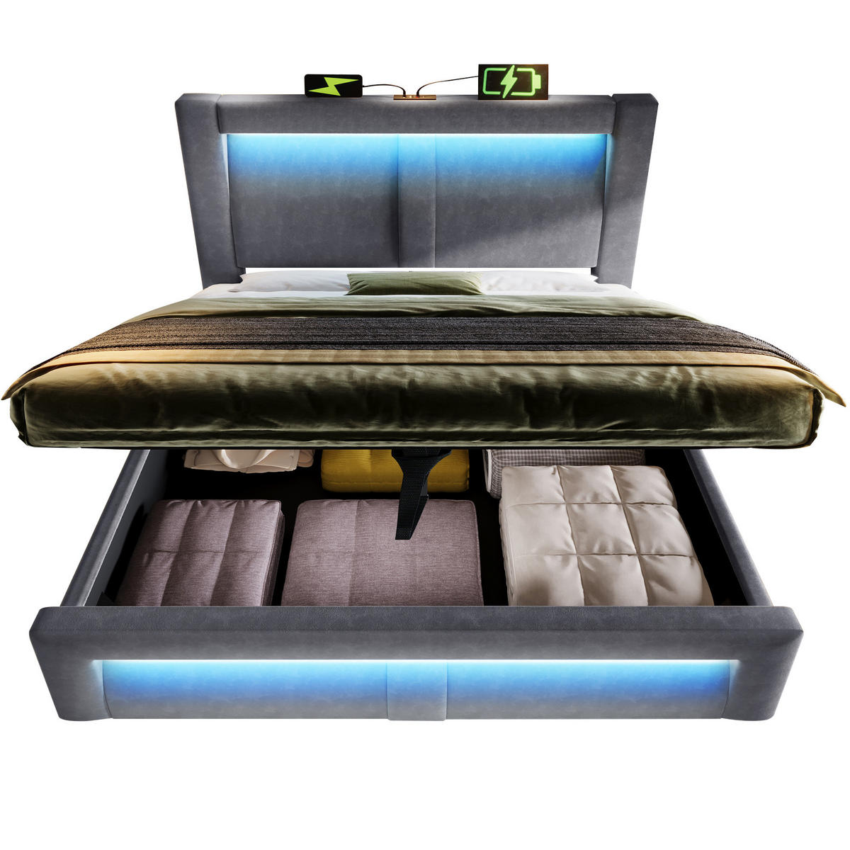 SAMT-POLSTERBETT 160/200 cm mit Bettkasten, LED-Beleuchtung und gepolstertem Kopfteil - Grau, Textil (160/200cm) - BEAOK