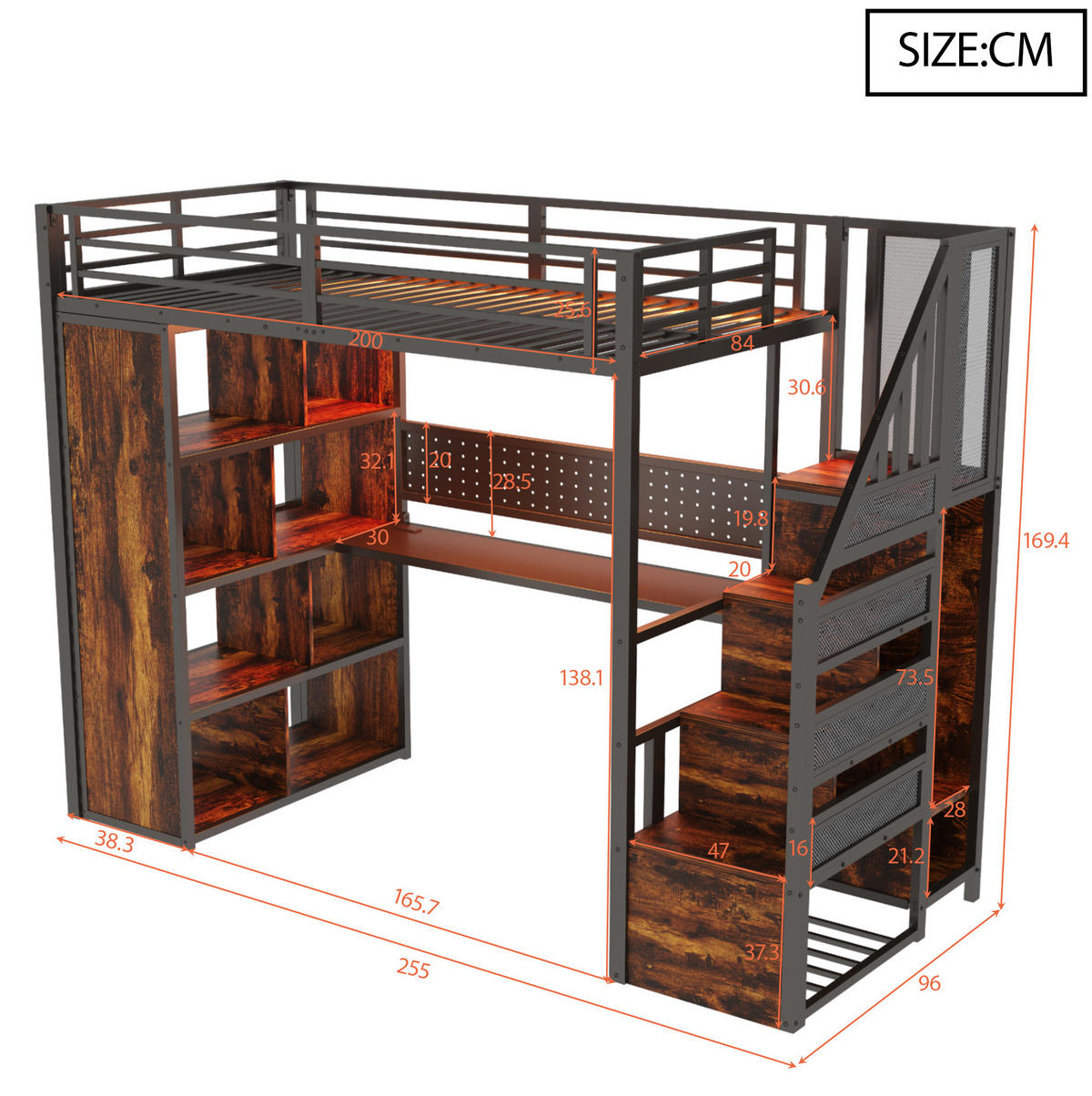 HOCHBETT 90/200 cm schwarz aus Metall und Holz mit Schreibtisch - Schwarz, Holzwerkstoff (90/200cm) - OKWISH