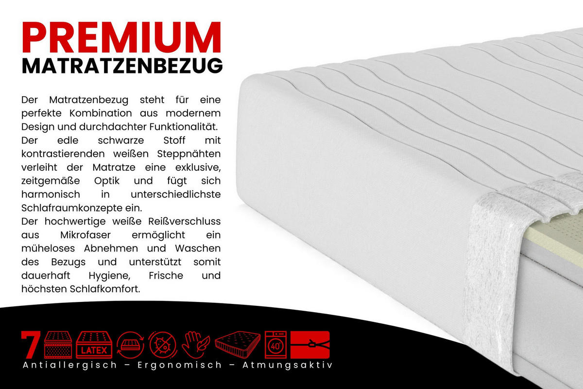 TASCHENFEDERKERNMATRATZE PREMIUM 7 LATEX mit Latex-Einlage 120/200/21 Weiß H3 - Weiß, Textil (120/200cm) - Deine Möbel 24