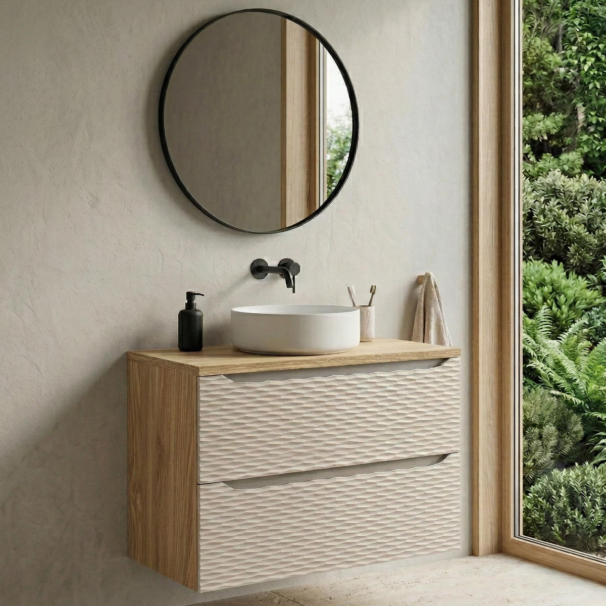 SKRINKA POD UMÝVADLO Ocean 2 zásuvky cashmere s dub - 80 x 46 x 59 cm - kašmírová/farba duba, drevo (80/59/46cm) - Badplaats