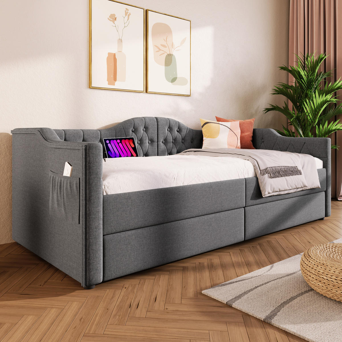 TAGESBETT 90/190 cm DE-00605, in Grau, USB-Anschluss und 2 Schubladen - Grau, Metall (90/190cm) - ComfortXL