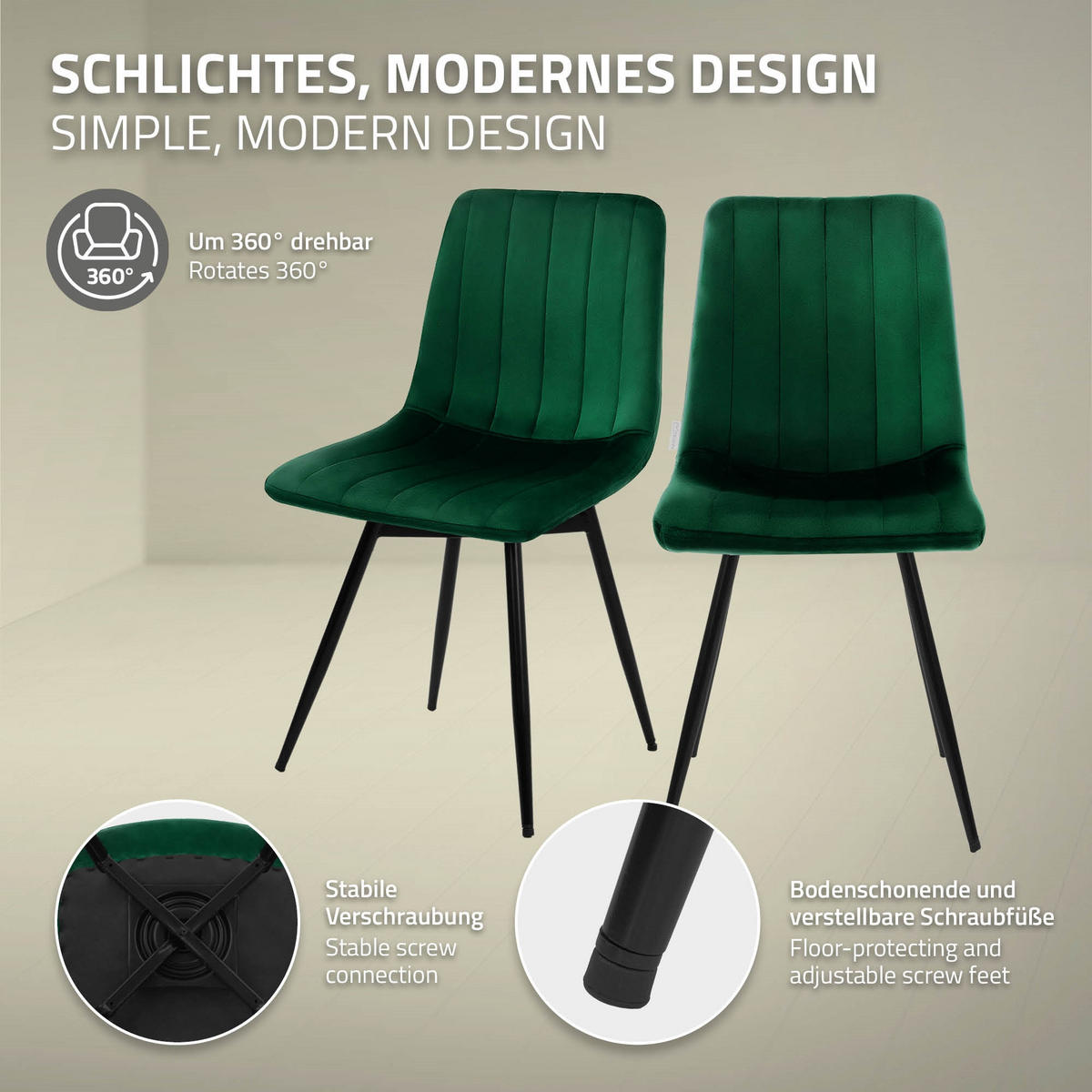 ESSZIMMERSTÜHLE 2er Set drehbar Küchenstühle gepolstert aus Samt Dunkelgrün - Dunkelgrün/Schwarz, Textil/Metall (43/81/52cm) - ML-DESIGN