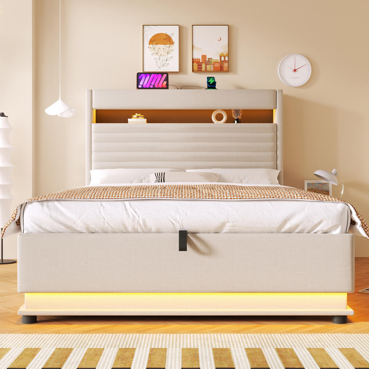 POLSTERBETT 140/200 cm in Beige Leinen mit Bettkasten, LED und USB - Beige, Holzwerkstoff/Textil (140/200cm) - WISHDOR